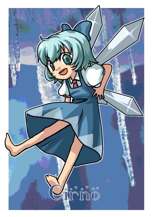 4c (artist), mito ayame, cirno, embodiment of scarlet devil, touhou, bad id, bad pixiv id, 1girl, blue eyes, blue hair, character name, female focus, hair ribbon, matching hair/eyes, ribbon, short hair, smile, solo, wings