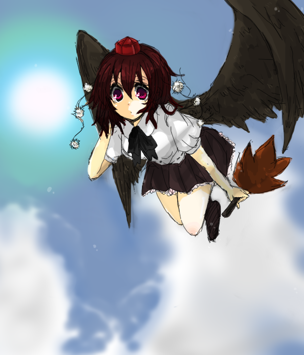 shameimaru aya, touhou, bad id, bad pixiv id, 1girl, black hair, black wings, cloud, female focus, flying, full body, hand fan, hat, outdoors, purple eyes, short hair, sky, solo, wings
