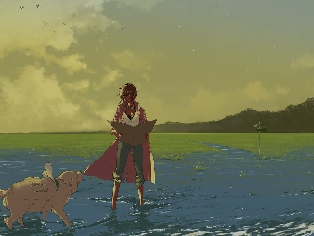 mayumio, bad id, bad pixiv id, barefoot, bird, cloud, dog, scenery, sky, solo, star (symbol), sunset, water