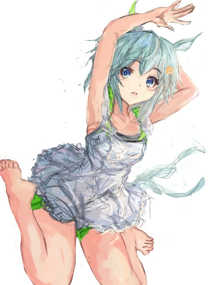 yanagi wakana, seiun sky (umamusume), umamusume, 1girl, animal ears, armpits, arms up, blue eyes, blush, dress, ear covers, green shorts, grey hair, hair between eyes, hair ornament, hairclip, horse ears, horse girl, horse tail, looking at viewer, parted lips, short hair, shorts, shorts under dress, simple background, single ear cover, sleeveless, sleeveless dress, solo, tail, white background, white dress