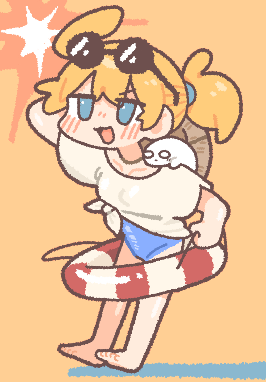 nikudango, nuko (shoujo shuumatsu ryokou), yuuri (shoujo shuumatsu ryokou), shoujo shuumatsu ryokou, highres, 1girl, :3, ahoge, alternate costume, barefoot, blonde hair, blue eyes, blue one-piece swimsuit, blush, chibi, chibi only, collarbone, eyewear on head, full body, holding, holding swim ring, innertube, looking at viewer, one-piece swimsuit, open mouth, ponytail, round eyewear, short hair, short ponytail, smile, solo, striped innertube, sunglasses, swim ring, swimsuit