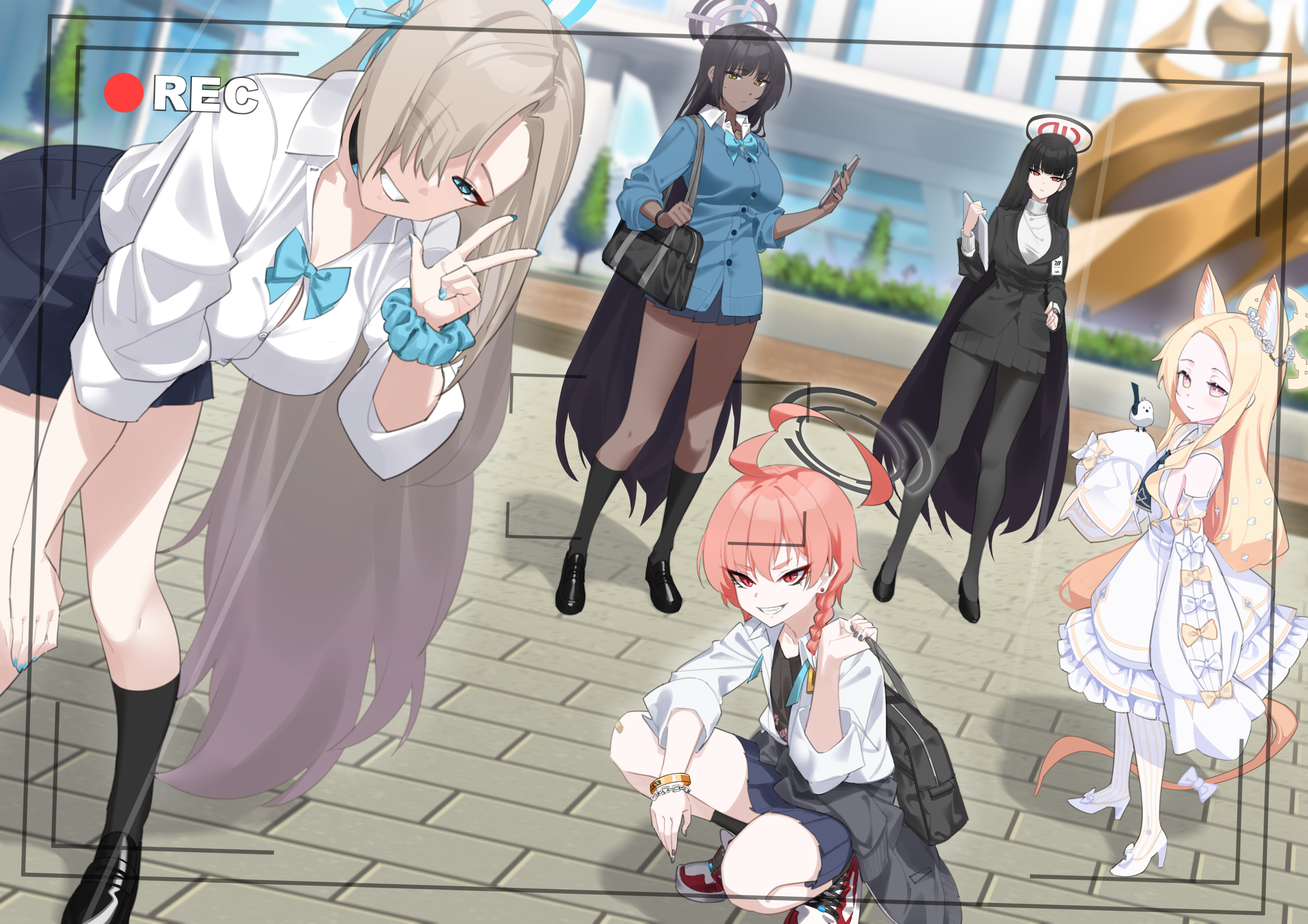dy kai, asuna (blue archive), asuna (school uniform) (blue archive), karin (blue archive), karin (school uniform) (blue archive), neru (blue archive), neru (school uniform) (blue archive), rio (blue archive), seia (blue archive), blue archive, absurdres, highres, 5girls, ahoge, animal ears, aqua bow, aqua bowtie, asymmetrical bangs, black hair, black halo, black pantyhose, blonde hair, blue bow, blue bowtie, blue cardigan, blue halo, blue scrunchie, bow, bowtie, braid, breasts, button gap, cardigan, dark-skinned female, dark skin, detached sleeves, dress, dutch angle, floral print shirt, fox ears, fox girl, hair over one eye, halo, huge ahoge, large breasts, long hair, looking at viewer, millennium science school logo, multicolored halo, multiple girls, orange hair, pantyhose, purple halo, recording, red eyes, school uniform, scrunchie, single braid, sleeves past wrists, small breasts, squatting, two-tone halo, very long hair, viewfinder, w, white dress, wrist scrunchie, yellow halo