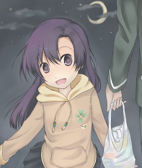 kuhouin murasaki, kure-nai, kurenai, 00s, 1boy, :d, bag, blush, child, crescent moon, grocery bag, height difference, hood, hood down, hooded sweater, long sleeves, looking at viewer, moon, open mouth, shopping bag, smile, solo focus, sweater