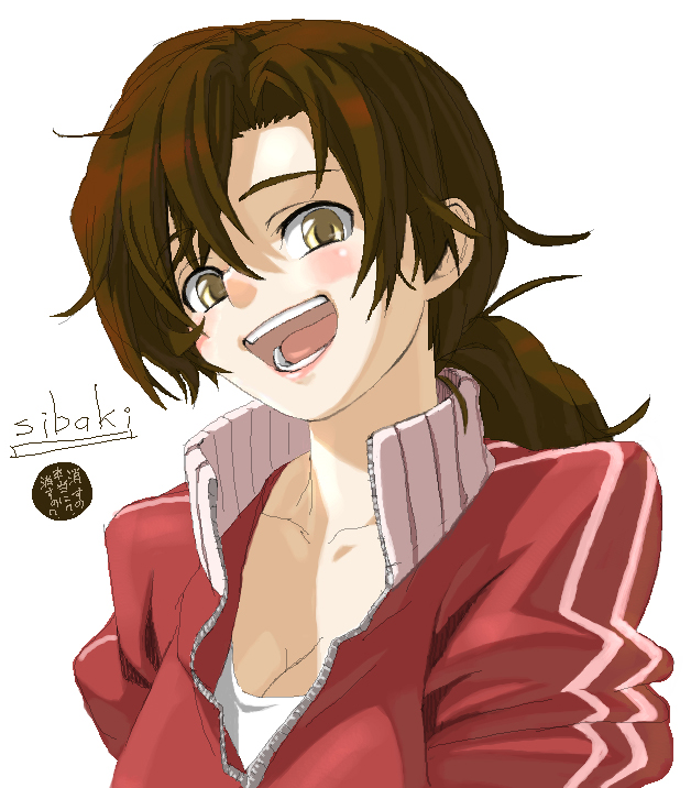 shiba itsuki, mutou tamaki, kure-nai, kurenai, 00s, 1girl, female focus, simple background, smile, solo, track suit, white background