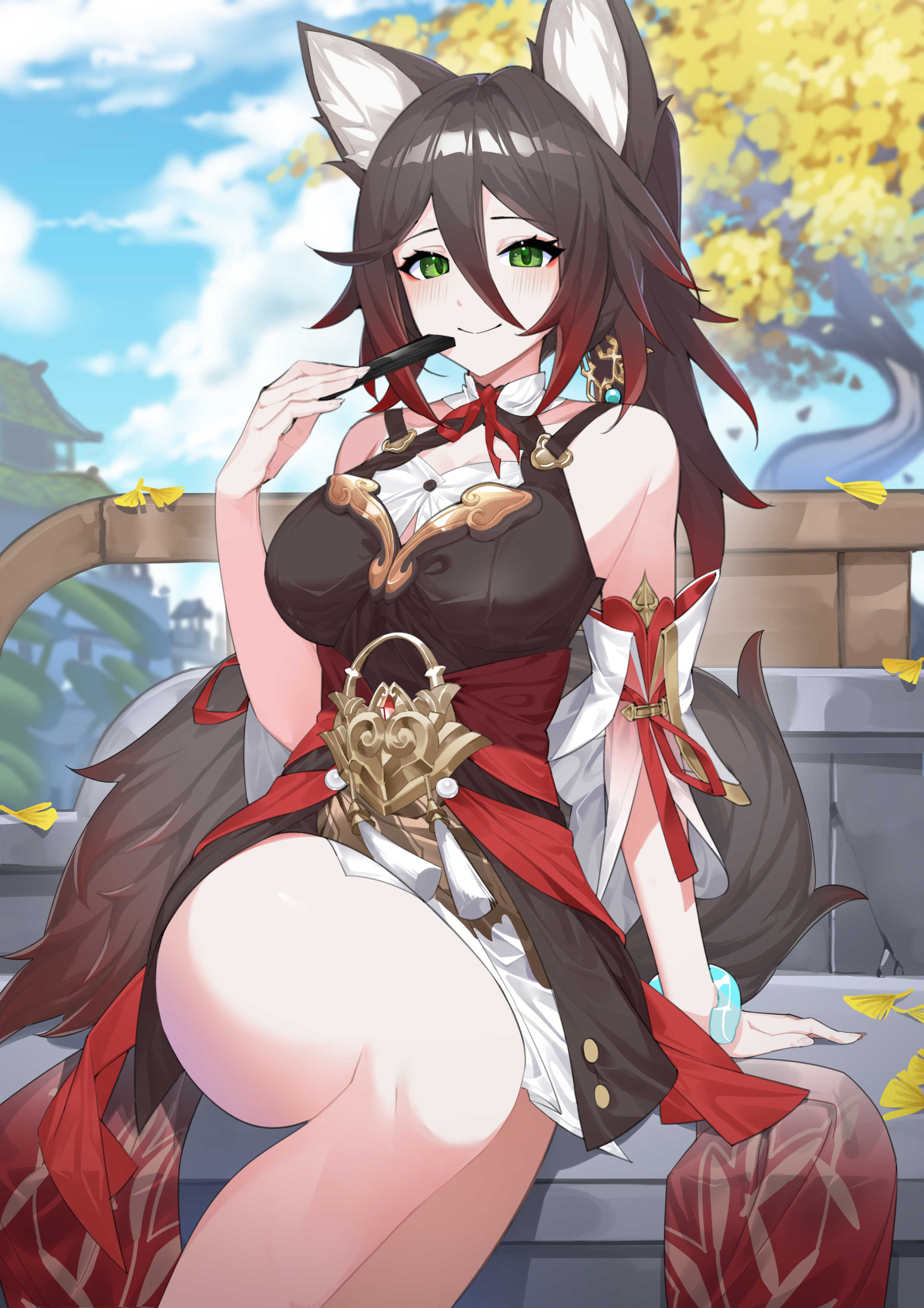 dy kai, tingyun (honkai: star rail), honkai: star rail, honkai (series), absurdres, highres, 1girl, animal ear fluff, animal ears, bare shoulders, blush, breasts, brown hair, closed mouth, detached sleeves, folded fan, folding fan, fox ears, fox girl, fox tail, ginkgo leaf, ginkgo tree, gradient hair, green eyes, hair between eyes, hand fan, holding, holding fan, large breasts, leaf, long hair, multicolored hair, red hair, sitting, smile, solo, tail, thick thighs, thighs, yellow leaves