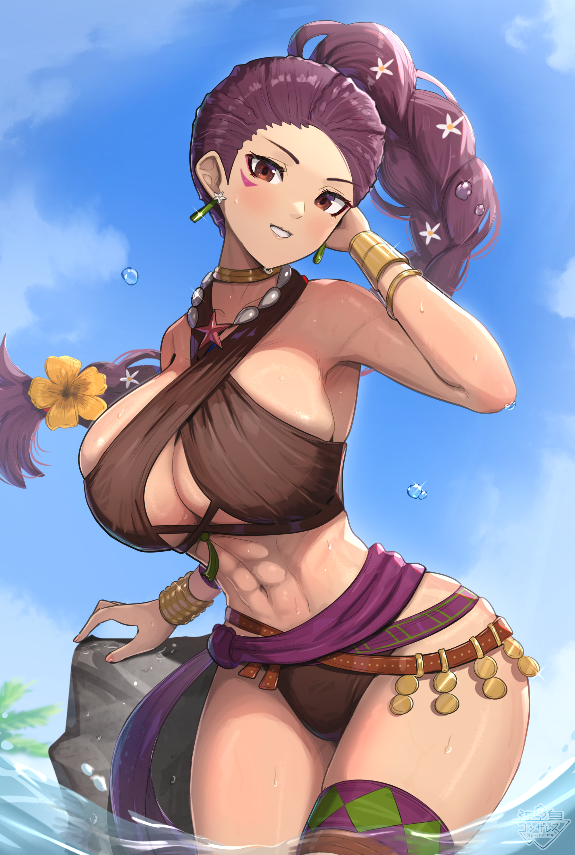 gonzarez, petra macneary, petra macneary (summer), fire emblem, fire emblem: three houses, fire emblem heroes, nintendo, absurdres, commentary request, highres, 1girl, abs, bikini, blue sky, blush, bracelet, braid, braided ponytail, breasts, brown bikini, cleavage, cloud, criss-cross halter, dark-skinned female, dark skin, day, earrings, facial mark, halterneck, jewelry, large breasts, long hair, looking at viewer, navel, ocean, official alternate costume, open mouth, outdoors, palm leaf, purple hair, skindentation, sky, smile, solo, swimsuit, thighs, wading, water, water drop, wet