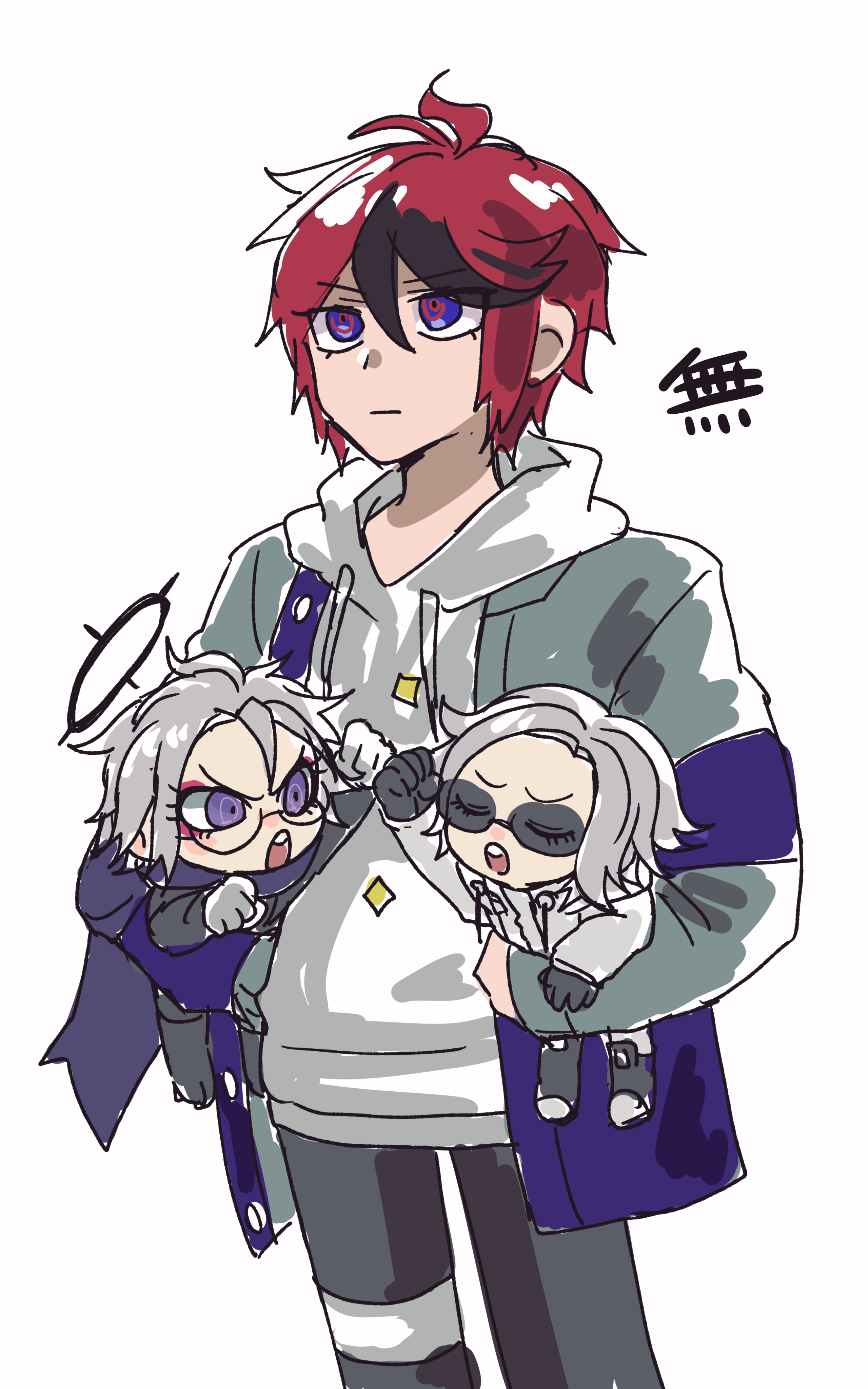 kawati, aotsuki eito, sumino takumi, the hundred line -last defense academy-, absurdres, highres, spoilers, translation request, 3boys, ahoge, black gloves, black halo, black pants, black streaks, blue eyes, blue jacket, closed eyes, cowboy shot, dual persona, fighting, glasses, gloves, grey hair, grey jacket, halo, holding chibi, hood, hoodie, jacket, jacket over hoodie, last defense academy school uniform, male focus, multicolored hair, multicolored jacket, multiple boys, official alternate hairstyle, pants, purple eyes, red hair, school uniform, short hair, simple background, sketch, streaked hair, two-tone jacket, white background, white gloves, white hoodie, white jacket