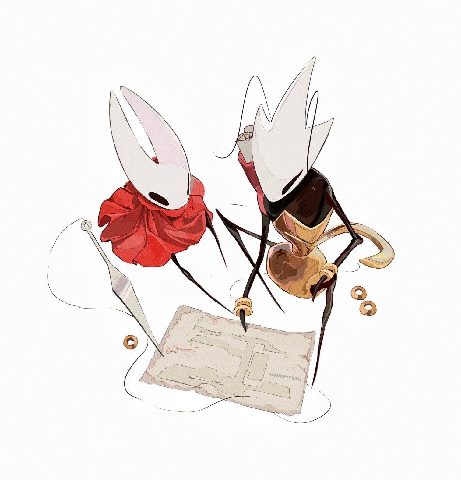 hightguy, hornet (hollow knight), hollow knight, hollow knight: silksong, highres, 2girls, armor, black eyes, black skin, blank eyes, cloak, colored skin, horns, map, multiple girls, needle (hollow knight), red cloak, shakra (hollow knight), simple background, white background