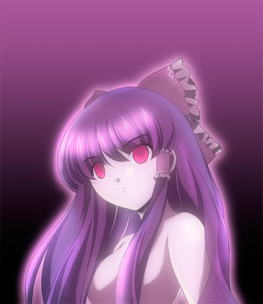 yamaguchi takashi, yamaguchi yuu, hakurei reimu, touhou, 1girl, black hair, bow, completely nude, empty eyes, female focus, glowing, gradient background, hair bow, hair tubes, long hair, nude, purple hair, red eyes, solo