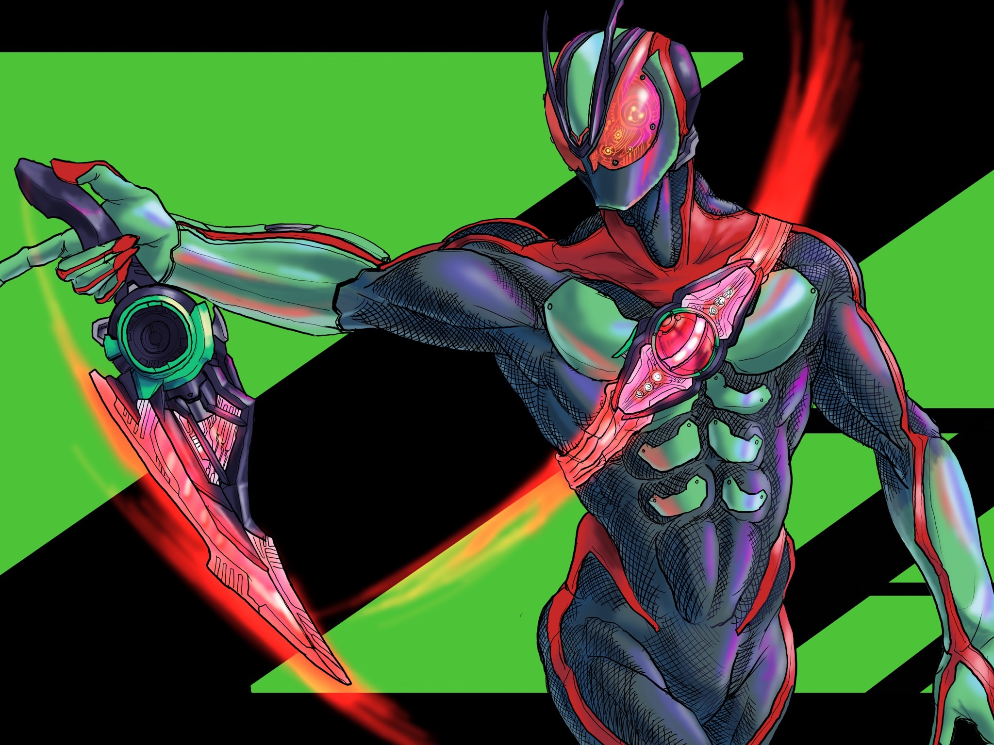 yamanaka man, kamen rider zeztz, kamen rider, kamen rider zeztz (series), highres, 1boy, antennae, armor, belt, bodysuit, bug, compound eyes, gloves, glowing, glowing eyes, grasshopper, green armor, helmet, holding, holding sword, holding weapon, horns, insect, looking at viewer, male focus, red eyes, reverse grip, rider belt, solo, standing, sword, tokusatsu, weapon