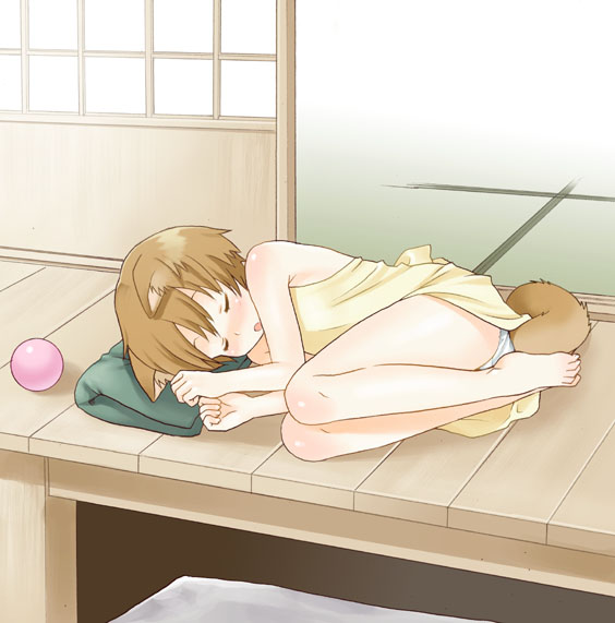 mattaku mousuke, original, 1girl, animal ears, ball, barefoot, brown hair, child, dog ears, feet, female focus, fetal position, full body, lying, outdoors, panties, pantyshot, plantar flexion, porch, sleeping, solo, tail, toes, underwear, veranda
