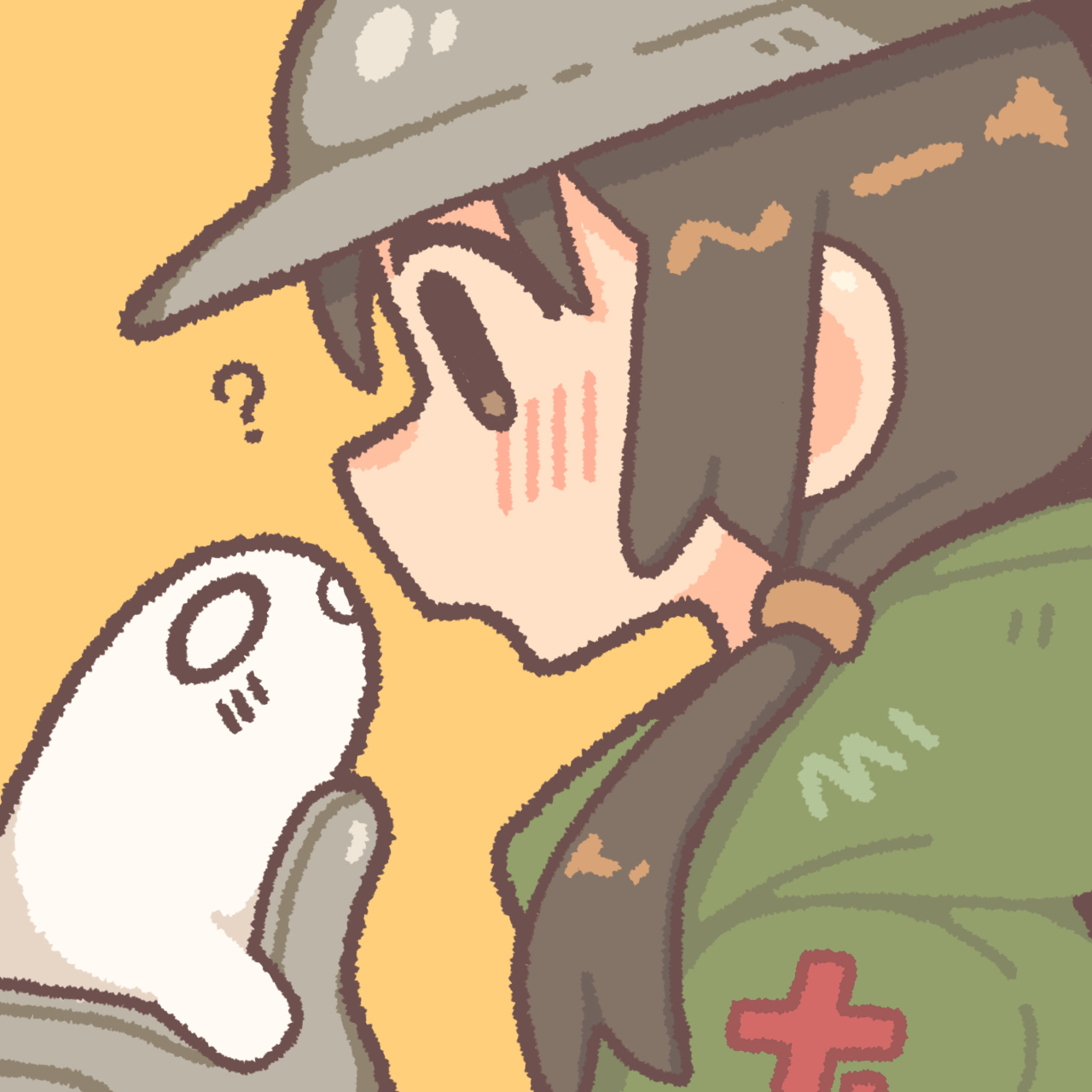 nikudango, chito (shoujo shuumatsu ryokou), nuko (shoujo shuumatsu ryokou), shoujo shuumatsu ryokou, highres, 1girl, black eyes, black hair, blush, chibi, chibi only, coat, combat helmet, from side, green coat, helmet, low twintails, medium hair, open mouth, short twintails, simple background, solo, stahlhelm, twintails, yellow background