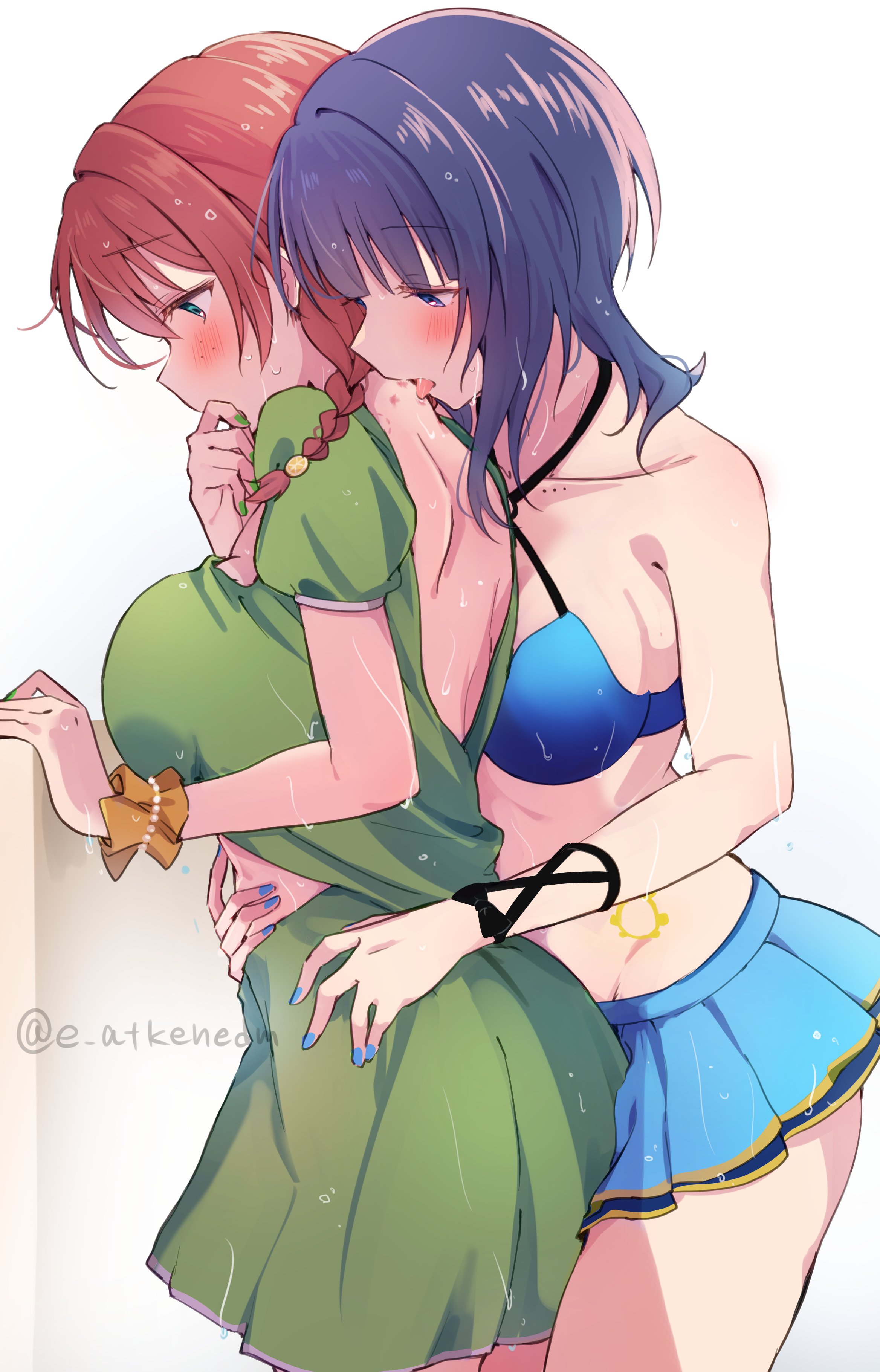 e atkenedm, asaka karin, emma verde, love live!, love live! nijigasaki high school idol club, absurdres, highres, 2girls, alternate costume, bikini, blue bra, blue skirt, blush, bra, braid, breasts, collarbone, dress, feet out of frame, green dress, hug, large breasts, licking, long hair, multiple girls, purple hair, red hair, short hair, single braid, skirt, swimsuit, tongue, tongue out, twin braids, underwear, white background, yuri