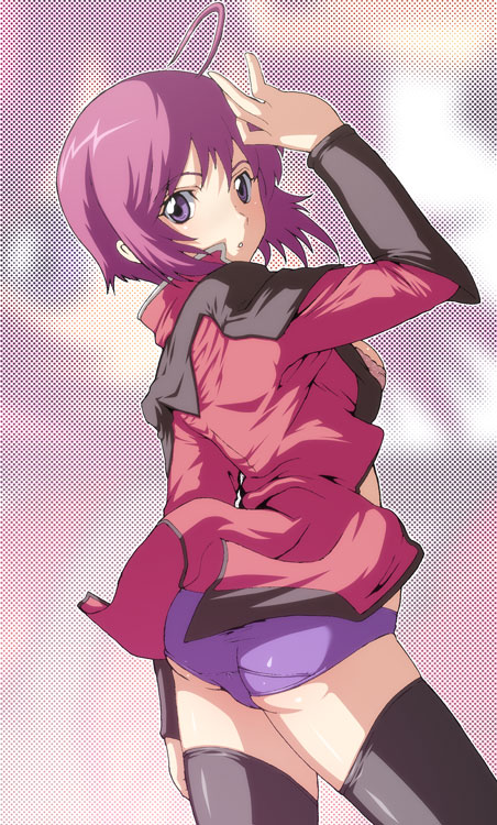 caryo, tabigarasu, lunamaria hawke, gundam, gundam seed, gundam seed destiny, 00s, 1girl, ahoge, female focus, panties, purple eyes, purple hair, short hair, solo, thighhighs, underwear, zoom layer
