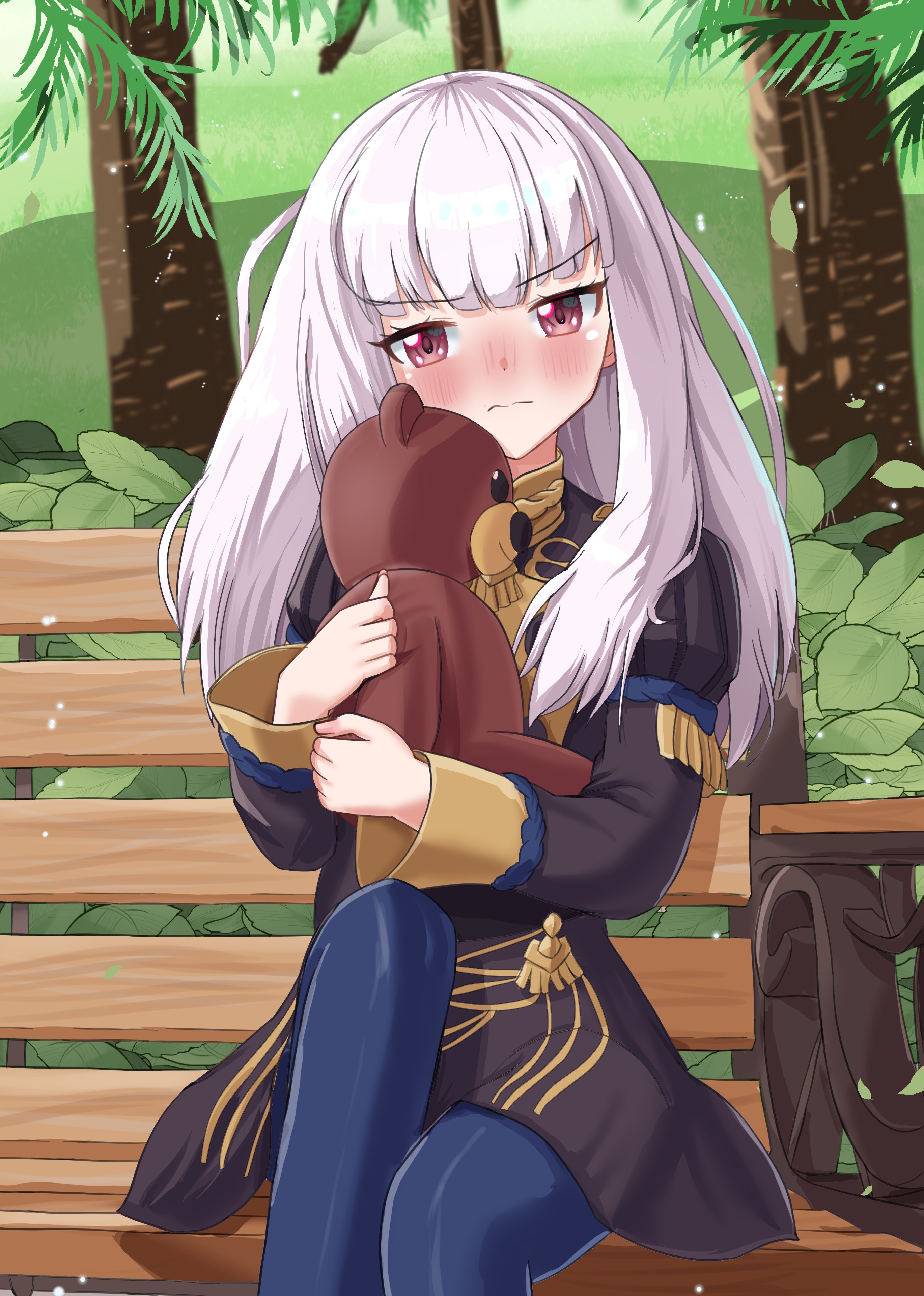 tokuh (toku h ), lysithea von ordelia, fire emblem, fire emblem: three houses, nintendo, absurdres, highres, 1girl, bench, black dress, blue pantyhose, blush, closed mouth, dress, frown, garreg mach monastery uniform, holding, holding stuffed toy, long hair, long sleeves, looking at viewer, outdoors, pantyhose, pink eyes, shy, sitting, solo, stuffed animal, stuffed toy, tearing up, teddy bear, tree, white hair