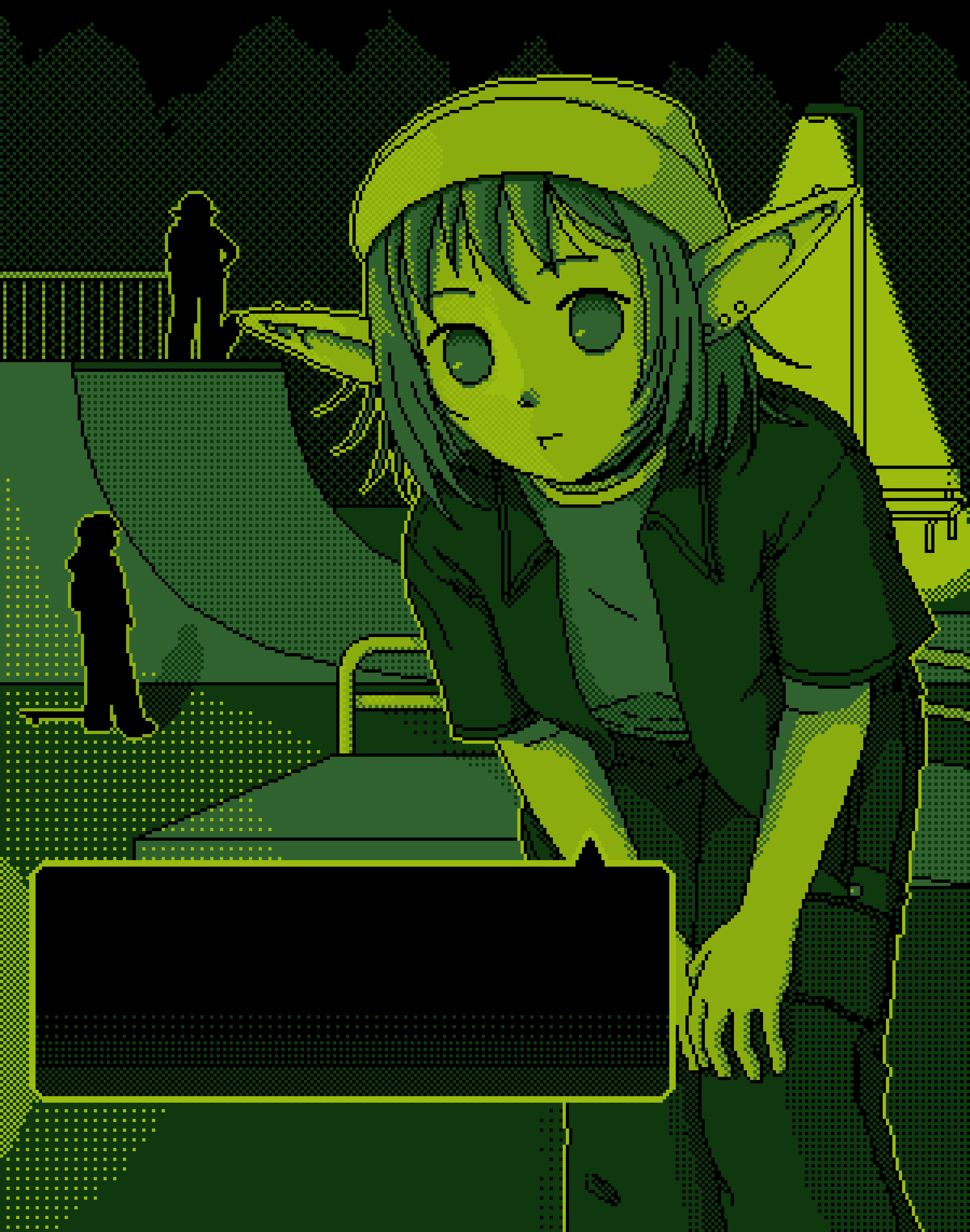 original, absurdres, animated, animated gif, commentary, english commentary, highres, 1girl, aseprite (medium), beanie, choker, dithering, dot nose, ear piercing, earrings, elf, english text, face piercing, green theme, hand on own knee, hat, jewelry, lamppost, laughing, lip piercing, looking at viewer, medium hair, monochrome, mousecenter, night, outdoors, pants, park, people, piercing, pixel art, pointy ears, profanity, shirt, short sleeves, skate park, solo focus, speech bubble, talking, teasing