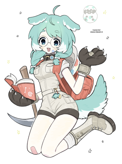 taonoinu, original, commentary, commission, english commentary, 1girl, ahoge, animal ears, bandaid, bandaid on cheek, bandaid on face, bandaid on knee, bandaid on leg, blue eyes, blue hair, blush, bone hair ornament, book, boots, borrowed character, breast pocket, breasts, brown boots, brown shoes, dog ears, dog girl, dog tail, fang, full body, glasses, hair ornament, holding, holding book, large breasts, looking at viewer, medium hair, mole, mole under mouth, multicolored hair, pickaxe, pocket, round eyewear, shoes, short shorts, shorts, simple background, solo, tail, white background, white hair