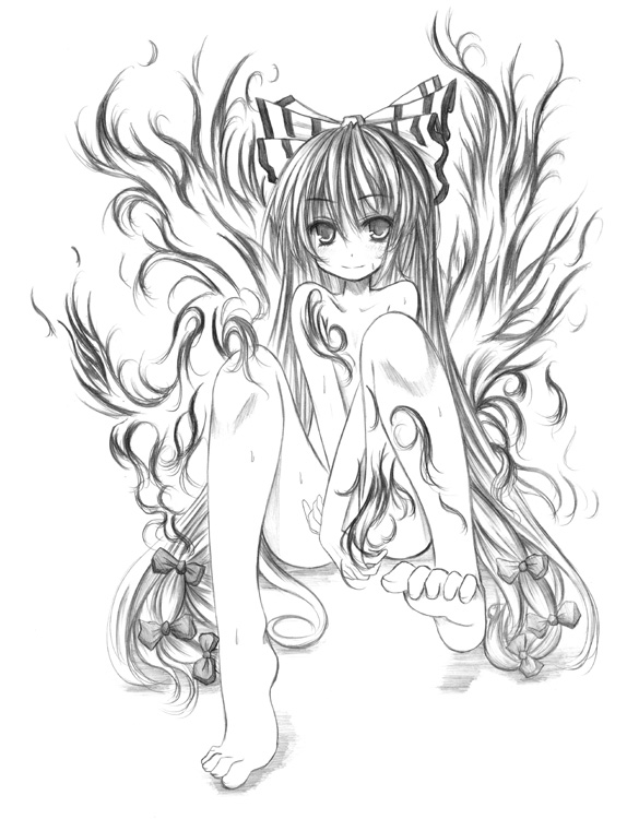 kurona, fujiwara no mokou, touhou, 1girl, barefoot, completely nude, feet, female focus, fire, greyscale, hair ribbon, long hair, monochrome, nude, ribbon, simple background, sitting, solo, very long hair, white background
