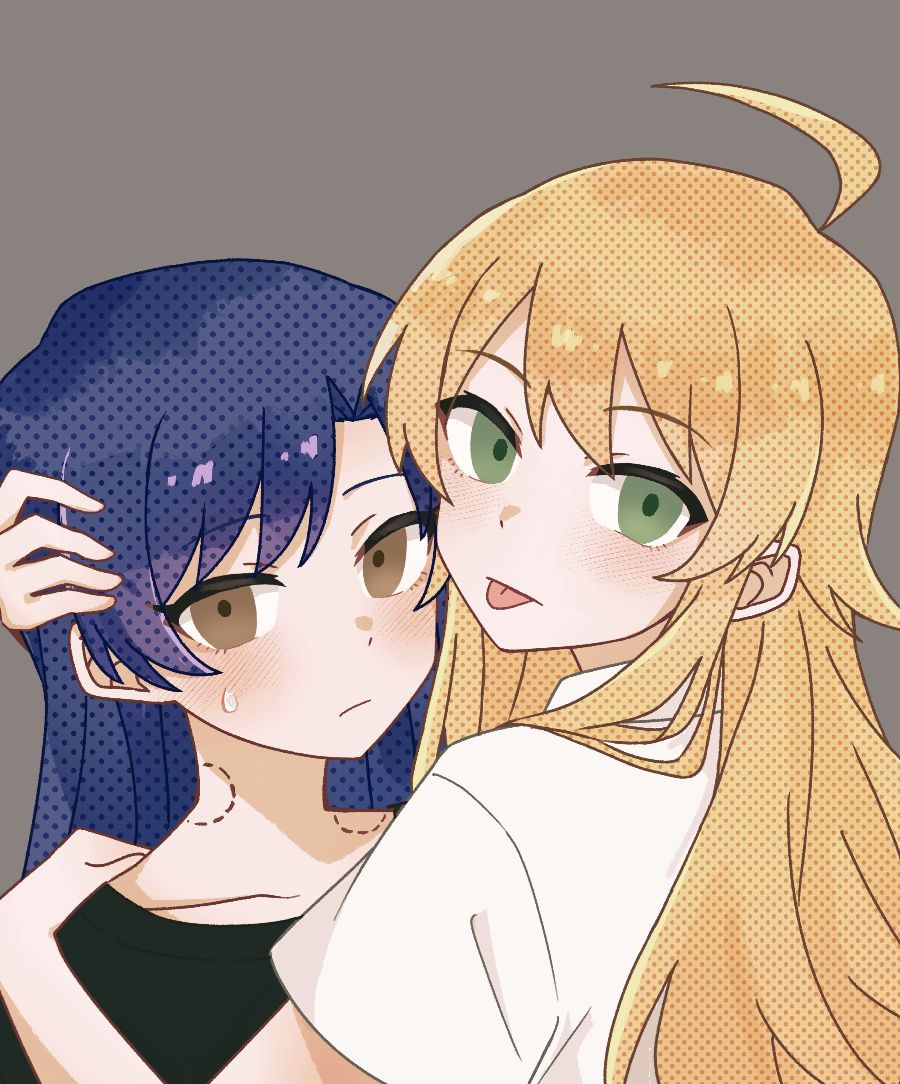 chiwawa174, hoshii miki, kisaragi chihaya, idolmaster, idolmaster (classic), absurdres, commentary, highres, symbol-only commentary, 2girls, :p, ahoge, bite mark, bite mark on neck, black shirt, blonde hair, blue hair, blush, brown eyes, closed mouth, green eyes, grey background, hand on another's head, hand on another's shoulder, hickey, hug, long hair, looking at viewer, looking back, multiple girls, shirt, short sleeves, simple background, sweatdrop, tongue, tongue out, white shirt, yuri