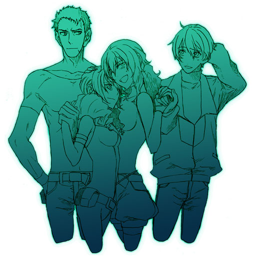 matsuo, christina sierra, feldt grace, lasse aeon, saji crossroad, gundam, gundam 00, hand on head, 00s, 2boys, 2girls, belt, blush, bodysuit, drill hair, elbow gloves, gloves, green theme, hand on own hip, hip focus, holding hands, hug, jacket, long hair, monochrome, multiple boys, multiple girls, muscular, pants, ponytail, scar, shirt, short hair, smile, t-shirt, turtleneck, twin drills, twintails