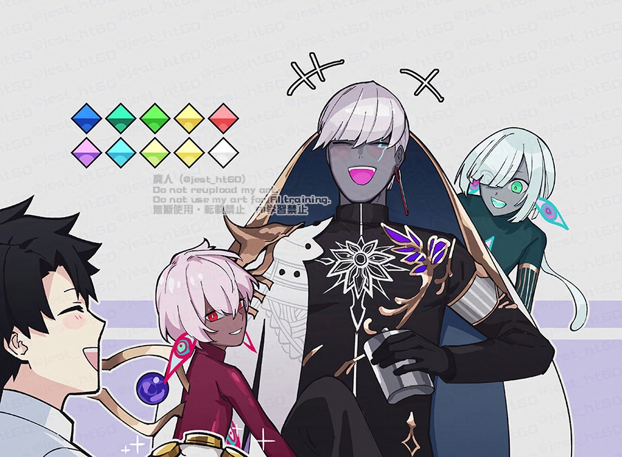 jest ht90, boy vajra (fate), fujimaru ritsuka (male), girl vajra (fate), indra (fate), fate/grand order, fate (series), 1girl, 3boys, alcohol, black hair, black shirt, closed eyes, green eyes, hip flask, long hair, multiple boys, red eyes, shirt, sitting, watermark, white hair