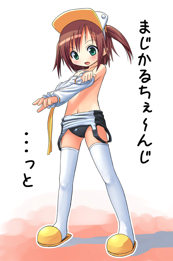 patorishia, patricia (stylish marunage), nijihara ink, moetan, sansaibooks, painttool sai (medium), translated, 00s, 1girl, bare shoulders, blush, brown hair, clothes pull, detached sleeves, dressing, elbow gloves, female focus, gloves, green eyes, hat, loli, navel, one-piece swimsuit, one-piece swimsuit pull, school swimsuit, slippers, solo, swimsuit, thighhighs, undressing