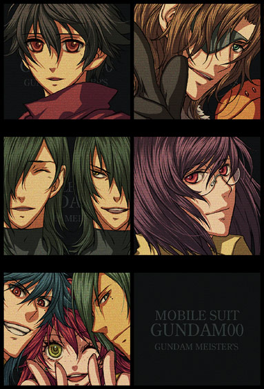 matsuo, allelujah haptism, haro, johann trinity, lockon stratos, michael trinity, nena trinity, setsuna f. seiei, tieria erde, gundam, gundam 00, 00s, 1girl, 6+boys, brother and sister, brothers, eyepatch, freckles, glasses, multiple boys, one eye closed, red hair, siblings, v, wink, yellow eyes
