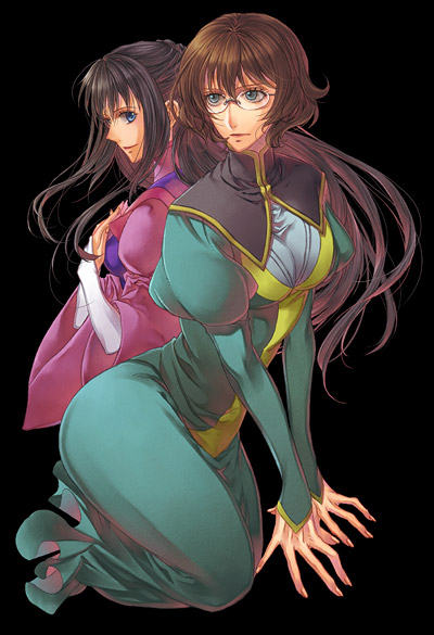 matsuo, marina ismail, shirin bakhtiar, gundam, gundam 00, 00s, 2girls, black hair, blue eyes, brown hair, full body, glasses, long hair, multiple girls, short hair, simple background