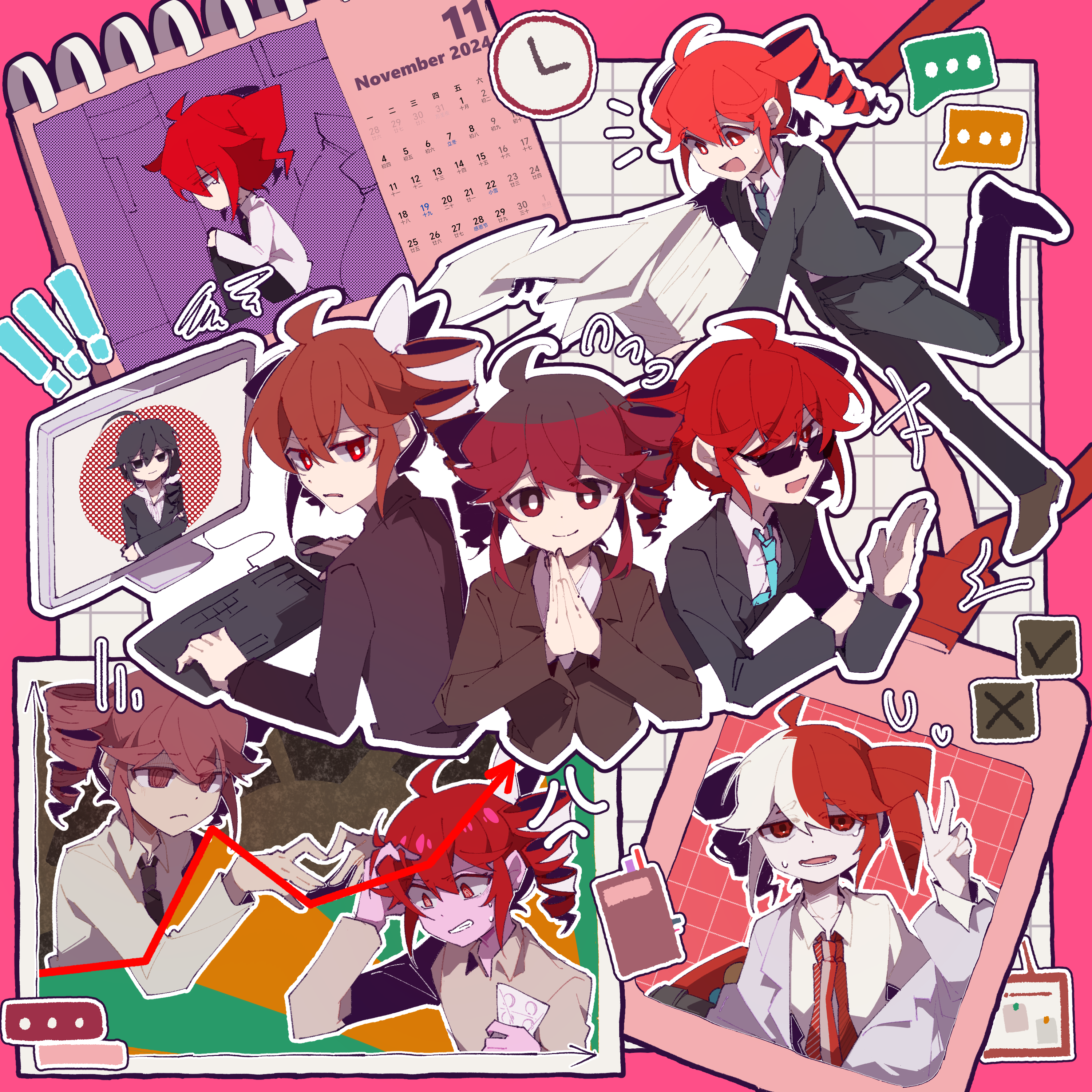 jiu (jiu076), kasane teto, kasane teto (sv), kasane teto (utau), liar dancer (synthesizer v), synthesizer v, utau, absurdres, highres, +++, 6+girls, ahoge, angry, animal ears, aqua necktie, ataman ita (synthesizer v), black hair, black jacket, black necktie, blister pack, brown jacket, brown shoes, calendar (object), chibi, clenched teeth, clock, closed mouth, collared shirt, computer keyboard, computer mouse, drill hair, flying sweatdrops, gloom (expression), hataraite mo (synthesizer v), id card, inochi mijikashi koiseyo otome (utau), jacket, lab coat, looking at viewer, monitor, mouse ears, multicolored hair, multiple girls, multiple persona, narenai (synthesizer v), necktie, open mouth, outline, own hands clasped, own hands together, paper, red eyes, red hair, shirt, shoes, smile, speech bubble, sunglasses, sweatdrop, taihaiteki jinsei sanka (utau), teeth, tripping, twin drills, two-tone hair, v, wanderung (synthesizer v), waving, white hair, white outline, white shirt