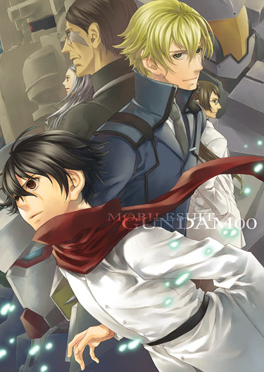 matsuo, billy katagiri, graham aker, sergei smirnov, setsuna f. seiei, soma peries, gundam, gundam 00, 00s, 1girl, 4boys, ahoge, back-to-back, belt, black hair, blonde hair, bodysuit, brown hair, closed mouth, dark skin, expressionless, glowing, long sleeves, looking at viewer, machinery, mecha, military, military uniform, multiple boys, profile, red eyes, robot, smirk