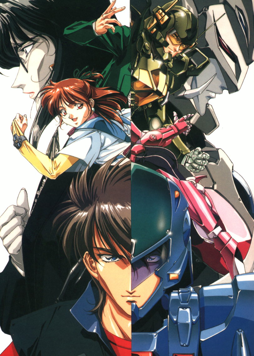 anice farm, chuck sweagar, hibiki ryou, memory gene, chouon senshi borgman, visor, 1980s (style), 2boys, 2girls, :d, armor, bent over, black-framed eyewear, black hair, blue eyes, bodysuit, bridal gauntlets, brown hair, clenched hand, dual persona, earrings, fingernails, glasses, gloves, hair between eyes, half updo, helmet, high collar, jewelry, light smile, lipstick, long fingernails, long hair, looking at viewer, looking back, makeup, multiple boys, multiple girls, oldschool, open mouth, pale skin, power armor, profile, purple eyes, radio antenna, red eyes, retro artstyle, rope, short hair, short sleeves, simple background, smile, spiked hair, watch, white background, white gloves, wristwatch