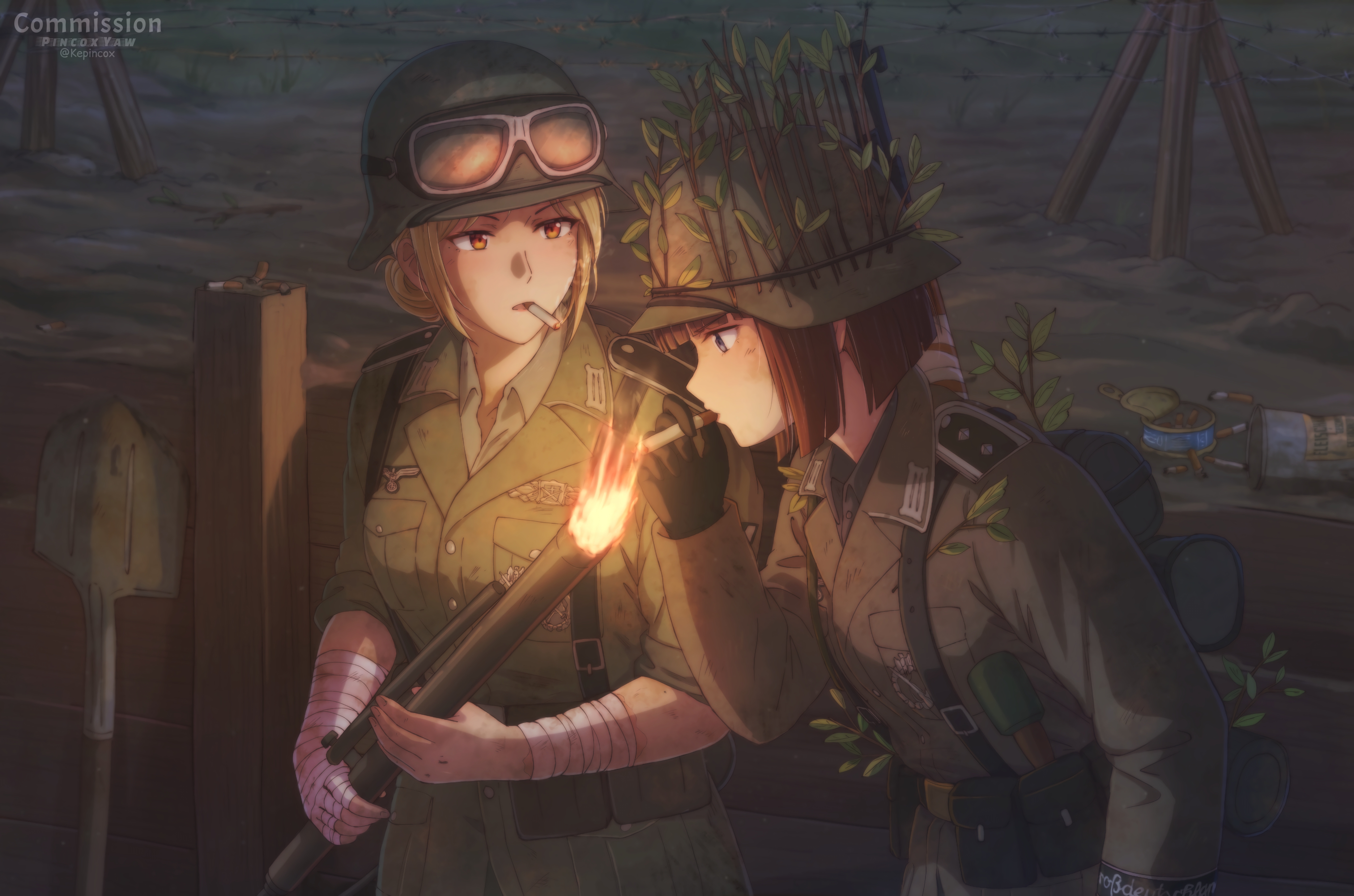 kepincox, original, absurdres, commentary, commission, english commentary, highres, pixiv commission, 2girls, blonde hair, blue eyes, brown eyes, brown hair, cigarette, collar tabs, combat helmet, explosive, fire, flamethrower, grenade, helmet, holding, holding cigarette, holding flamethrower, holding weapon, lighting cigarette, long sleeves, military, military combat uniform, military uniform, multiple girls, night, short hair, shoulder boards, soldier, stahlhelm, stielhandgranate, weapon, wehrmacht, world war ii