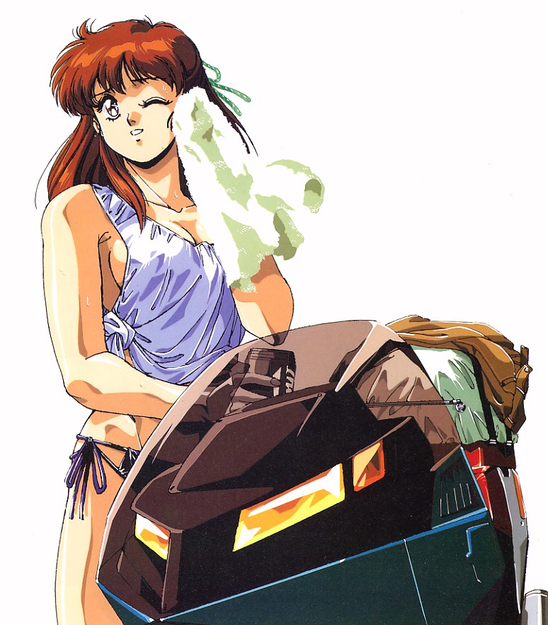 kia asamiya, kikuchi michitaka, anice farm, chouon senshi borgman, vehicle, 1980s (style), 1girl, bikini, bikini bottom only, breasts, brown eyes, brown hair, female focus, half updo, large breasts, motor vehicle, motorcycle, multi-strapped bikini bottom, oldschool, one eye closed, retro artstyle, shirt, side-tie bikini bottom, sideboob, solo, sport motorcycle, sweat, swimsuit, tank top, tied shirt, towel, wiping sweat