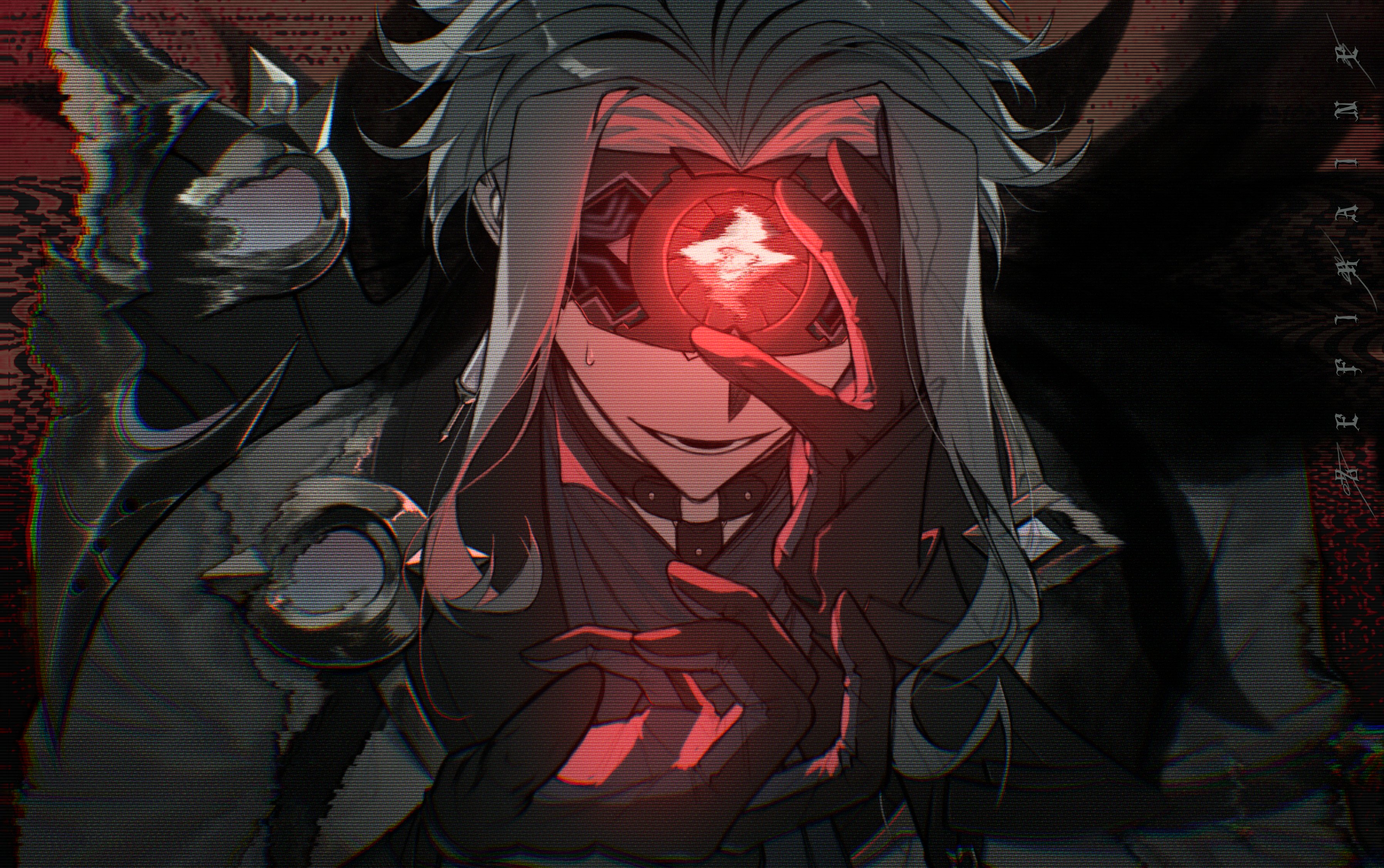 dottore (genshin impact), genshin impact, absurdres, highres, 1boy, artist name, black gloves, earrings, eye mask, gloves, jewelry, long sleeves, male focus, mask, open mouth, short hair, sidelocks, smile, solo, spot color, sweat, zefiraine