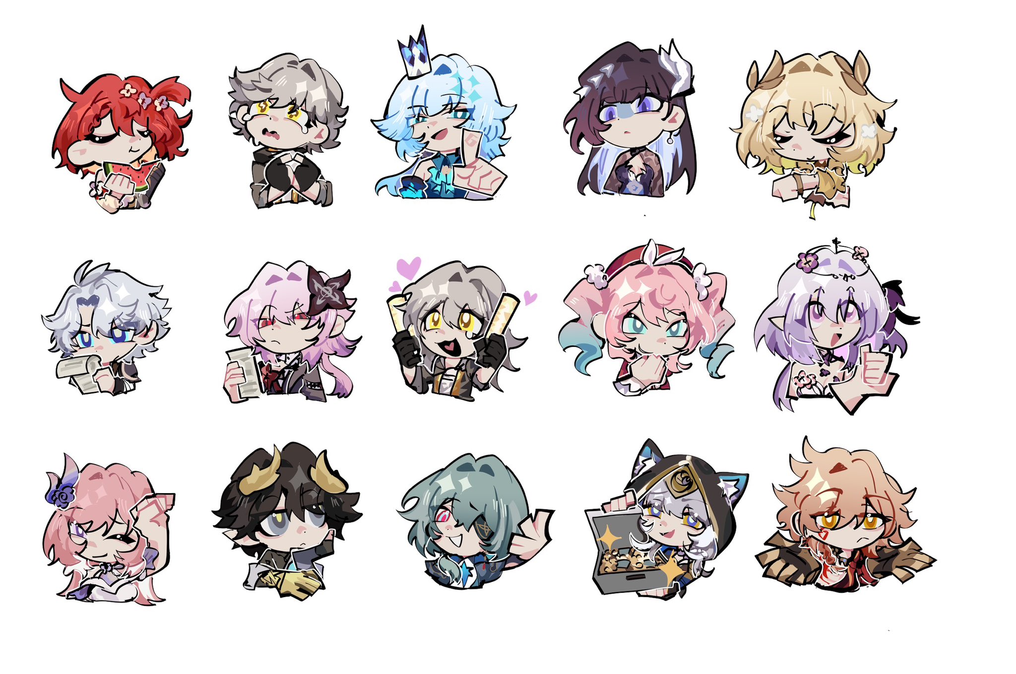hyastelle, aglaea (honkai: star rail), anaxa (honkai: star rail), caelus (honkai: star rail), castorice (honkai: star rail), cerydra (honkai: star rail), cipher (honkai: star rail), cyrene (honkai: star rail), dan heng (honkai: star rail), dan heng (permansor terrae) (honkai: star rail), evernight (honkai: star rail), hyacine (honkai: star rail), hysilens (honkai: star rail), march 7th (honkai: star rail), mydei (honkai: star rail), phainon (honkai: star rail), stelle (honkai: star rail), trailblazer (honkai: star rail), tribbie (honkai: star rail), honkai: star rail, honkai (series), mihoyo, zenless zone zero, highres, 1boy, 5boys, 6+girls, :d, :t, ;), animal ear fluff, animal ears, aqua eyes, aqua hair, arm up, armor, bare shoulders, black dress, black gloves, black hair, black jacket, black shirt, blonde hair, blue eyes, blue hair, bracelet, breasts, briefcase, bright pupils, cat ears, chibi, clenched hand, closed eyes, colored inner hair, crown, crying, crying with eyes open, detached sleeves, dress, drill hair, earrings, eyepatch, facial mark, fingerless gloves, food, fruit, gloves, gradient hair, grey eyes, grey hair, grey jacket, grin, hair between eyes, hair intakes, hair ornament, hand up, hat, heart, heart in mouth, holding, holding briefcase, holding food, holding fruit, holding paper, hood, horns, index finger raised, index fingers together, jacket, jewelry, long hair, long sleeves, looking at viewer, mini crown, money, multicolored eyes, multicolored hair, multiple boys, multiple girls, one eye closed, open clothes, open jacket, open mouth, paper, parody, parted lips, pink eyes, pink hair, pointy ears, purple eyes, purple hair, red eyes, red hair, red hat, red robe, robe, shirt, short hair, short sleeves, shoulder armor, shrug (clothing), shrugging, simple background, sleeveless, smile, sparkle, strapless, tears, twin drills, twintails, two-tone eyes, upper body, very long hair, watermelon, white background, white dress, white pupils, white shirt, yellow eyes