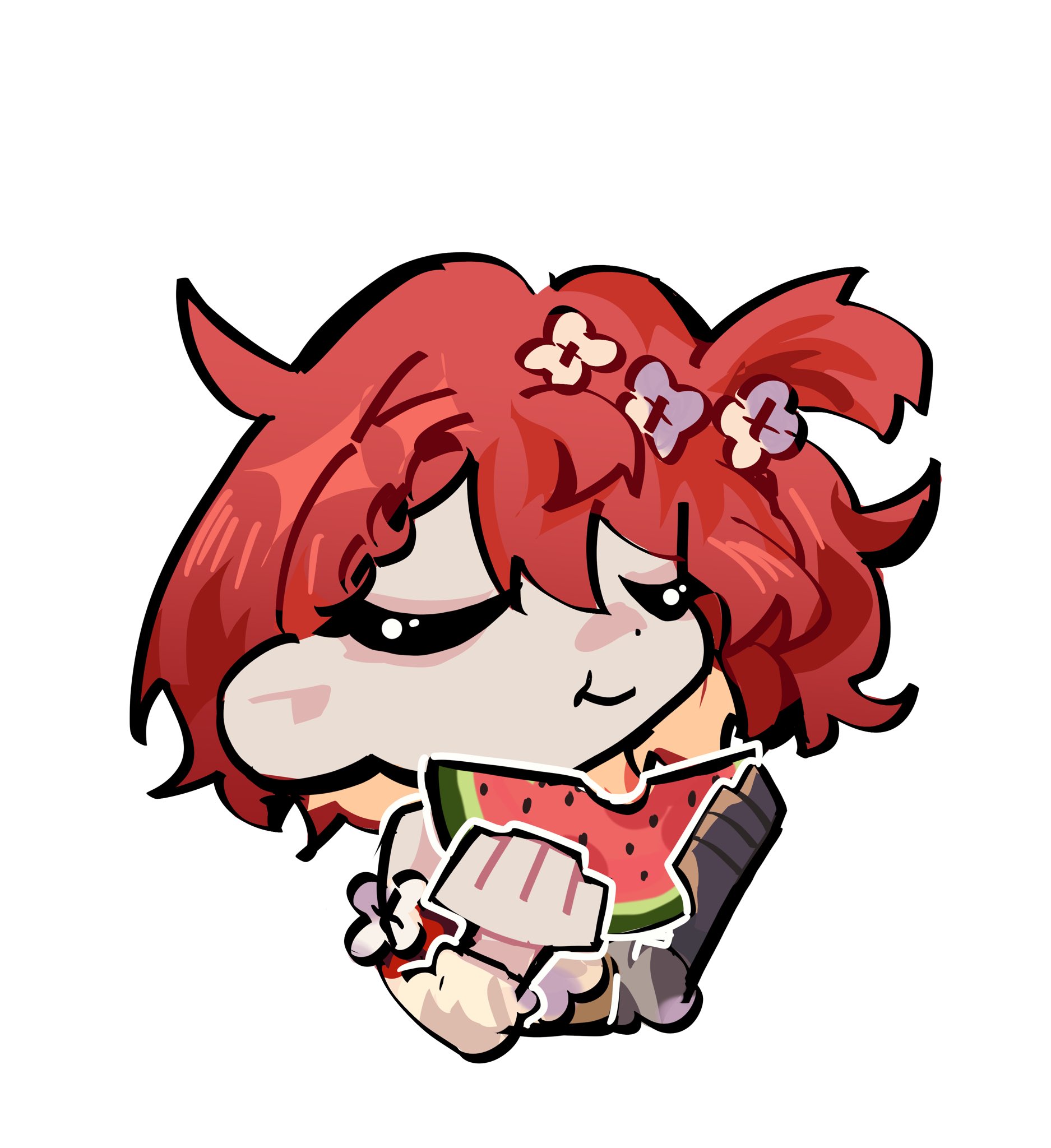 hyastelle, tribbie (honkai: star rail), honkai: star rail, honkai (series), mihoyo, zenless zone zero, commentary, english commentary, highres, 1girl, :t, chibi, closed eyes, food, fruit, hair between eyes, holding, holding food, holding fruit, long sleeves, parody, red hair, short hair, simple background, smile, solo, upper body, watermelon, white background