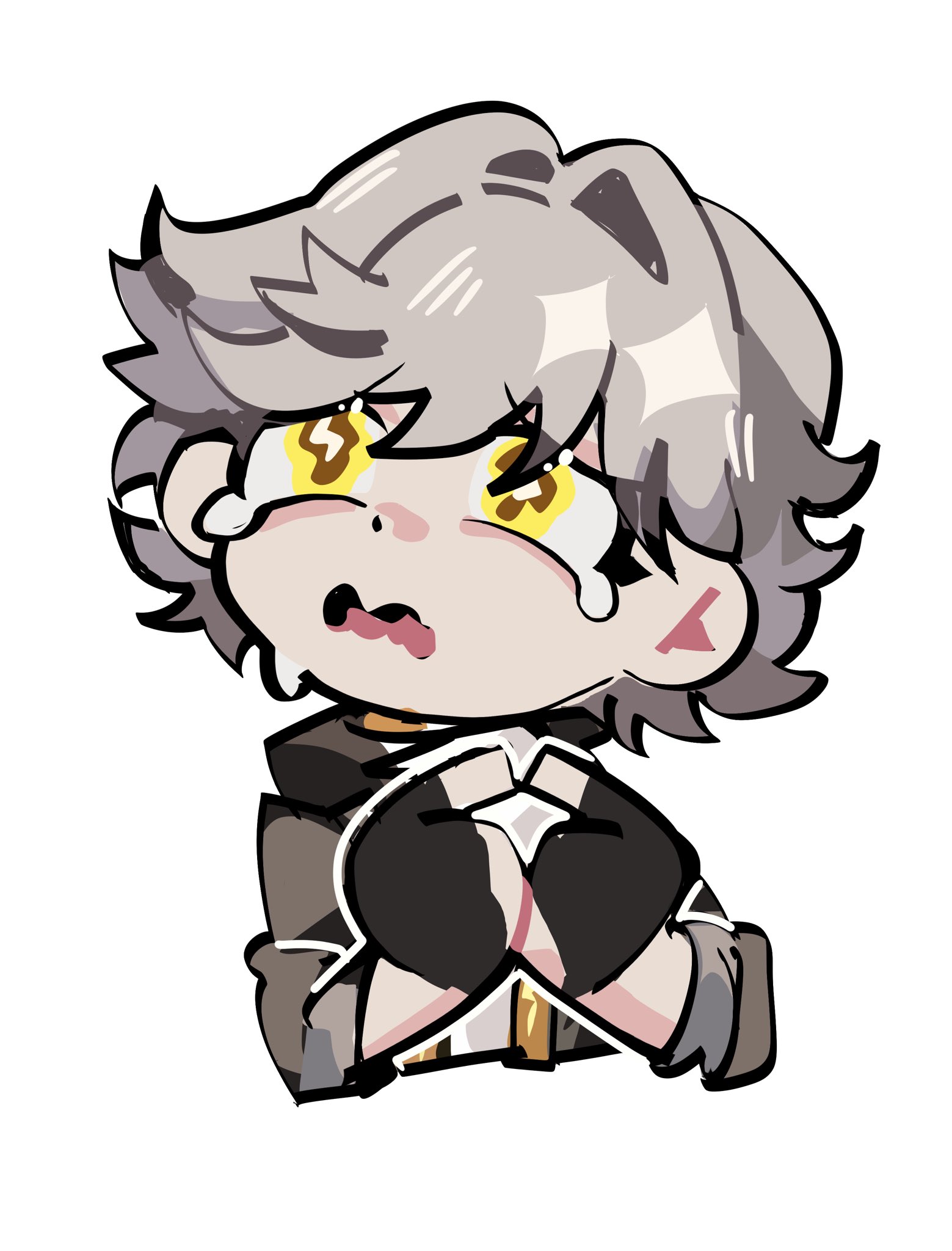 hyastelle, caelus (honkai: star rail), trailblazer (honkai: star rail), honkai: star rail, honkai (series), mihoyo, zenless zone zero, commentary, english commentary, highres, 1boy, black gloves, chibi, crying, crying with eyes open, fingerless gloves, gloves, grey hair, grey jacket, hair intakes, index fingers together, jacket, long sleeves, male focus, parody, short hair, solo, tears, upper body, yellow eyes