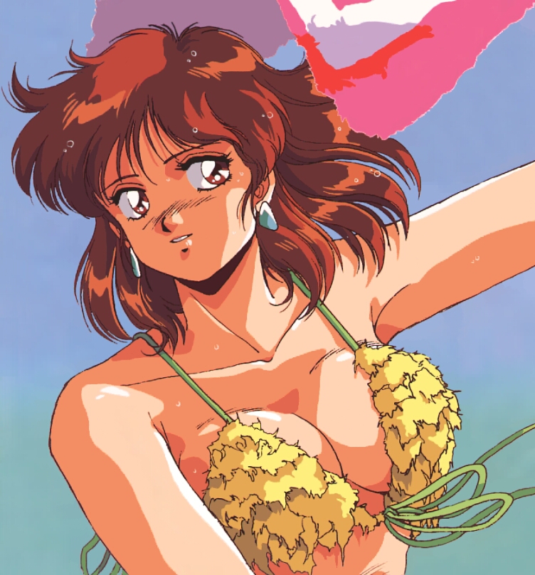 kikuchi michitaka, anice farm, chouon senshi borgman, 1980s (style), official art, 1girl, armpits, beach towel, bikini, blush, breasts, brown eyes, brown hair, cleavage, earrings, female focus, front-tie bikini top, front-tie top, fur trim, gradient background, grin, half updo, jewelry, large breasts, looking afar, nose blush, oldschool, outdoors, outstretched arm, retro artstyle, ribbon, short hair, sideboob, sky, smile, solo, string bikini, swimsuit, towel, upper body, wet, wet hair, yellow bikini