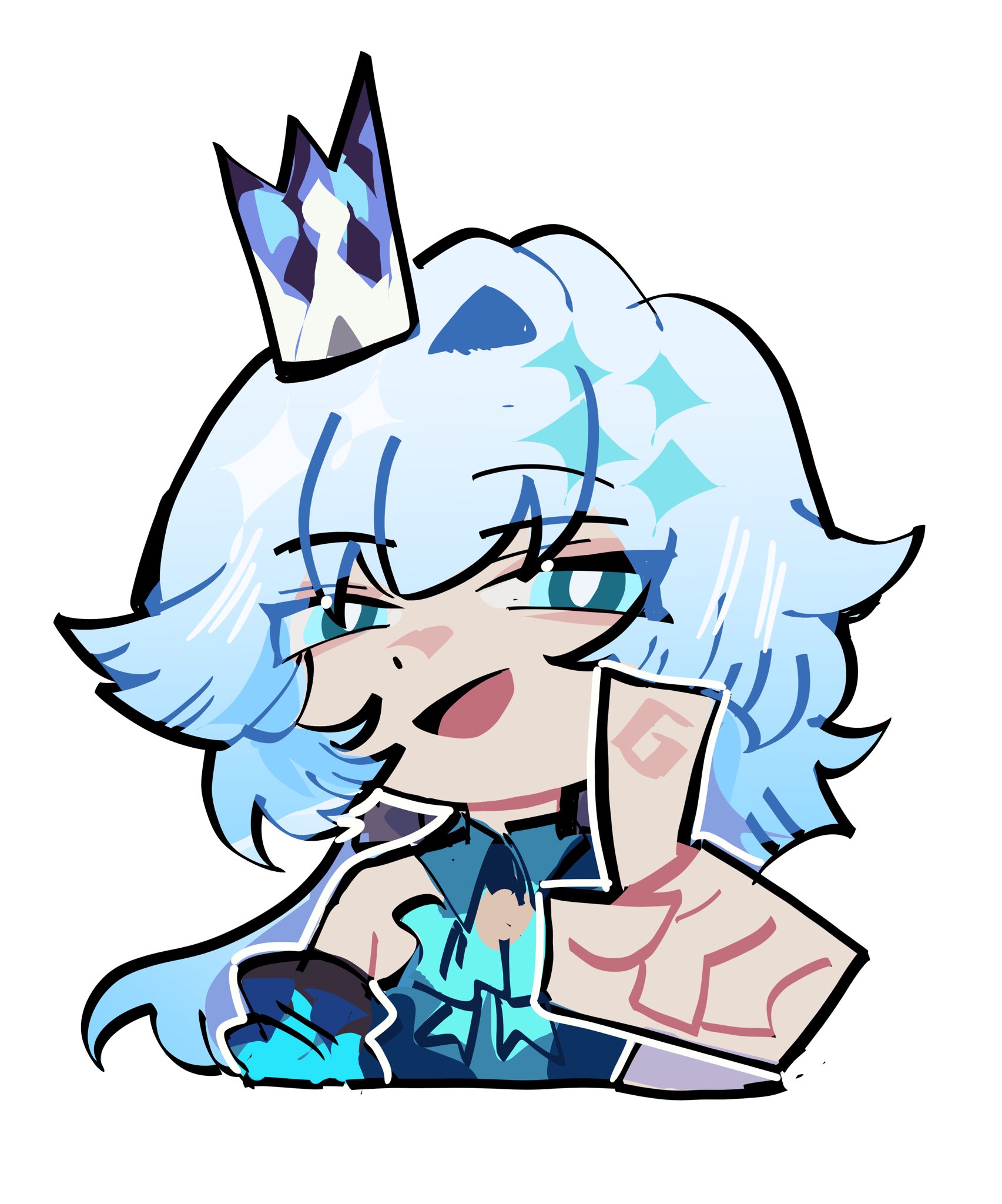 hyastelle, cerydra (honkai: star rail), honkai: star rail, honkai (series), mihoyo, zenless zone zero, commentary, english commentary, highres, 1girl, :d, bare shoulders, blue eyes, blue hair, bright pupils, chibi, crown, detached sleeves, index finger raised, long hair, looking at viewer, mini crown, open mouth, parody, simple background, sleeveless, smile, solo, upper body, white background, white pupils