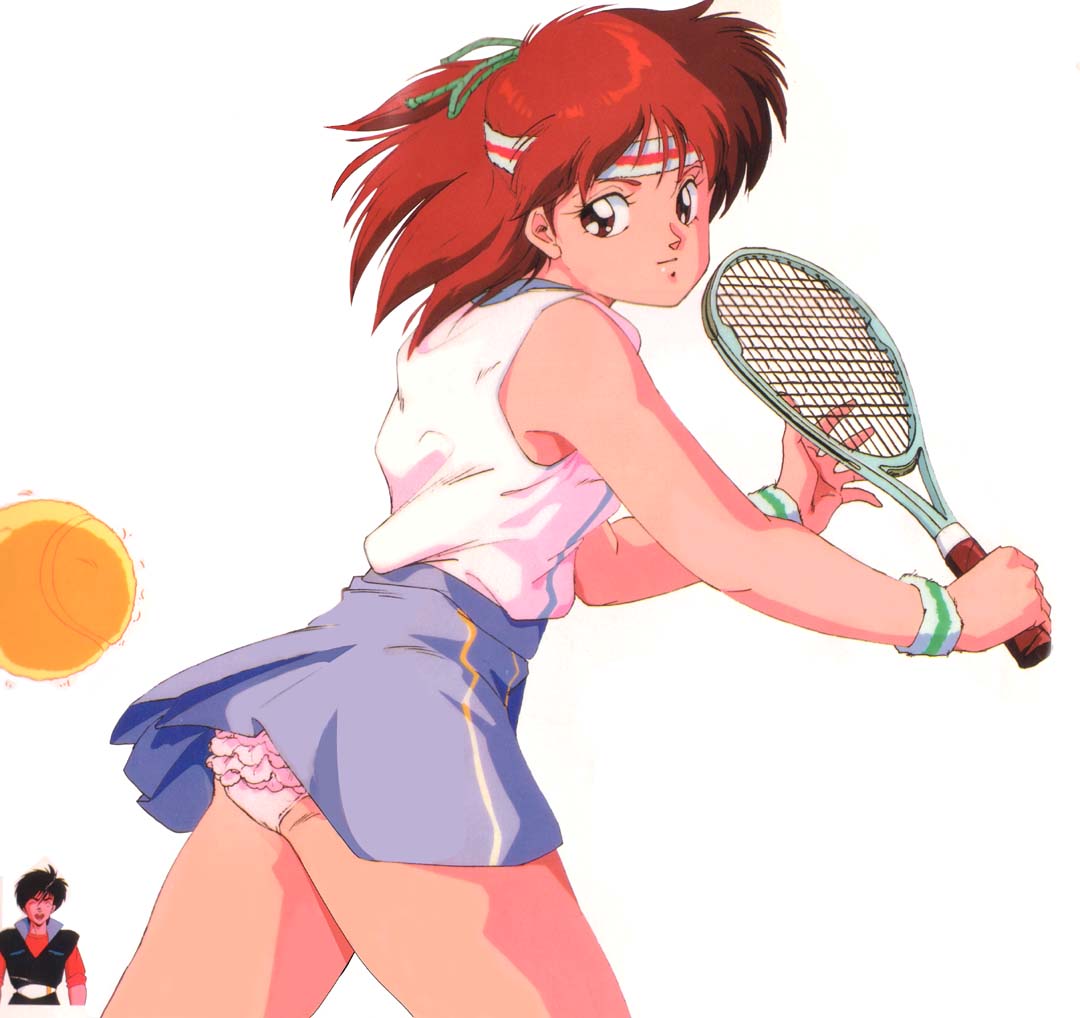 anice farm, hibiki ryou, chouon senshi borgman, 1980s (style), 1boy, 1girl, ^ ^, alternate costume, ball, belt, black hair, closed eyes, cowboy shot, frilled panties, frills, from side, half updo, headband, high collar, holding, jacket, light smile, looking at viewer, looking back, miniskirt, motion lines, oldschool, panties, pantyshot, pink panties, racket, red eyes, red hair, retro artstyle, rope, shirt, short hair, simple background, skirt, sleeveless, sleeveless shirt, sleeves rolled up, smile, solo focus, tennis, tennis ball, tennis racket, underwear, upskirt, white background, wristband