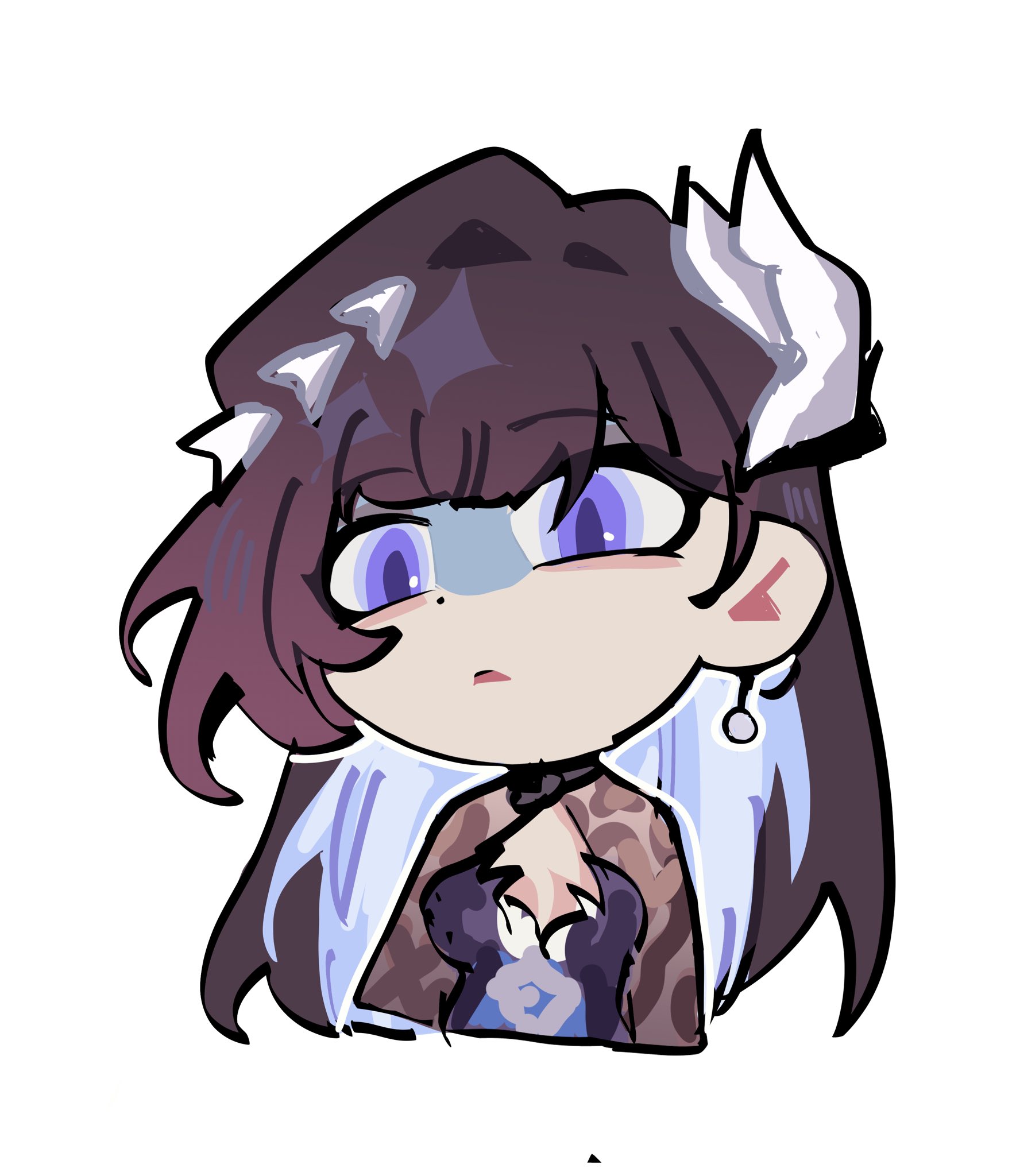 hyastelle, hysilens (honkai: star rail), honkai: star rail, honkai (series), mihoyo, zenless zone zero, commentary, english commentary, highres, 1girl, black hair, blue hair, chibi, colored inner hair, dress, earrings, hair ornament, jewelry, long hair, multicolored hair, parody, parted lips, purple eyes, shrug (clothing), simple background, solo, upper body, white background
