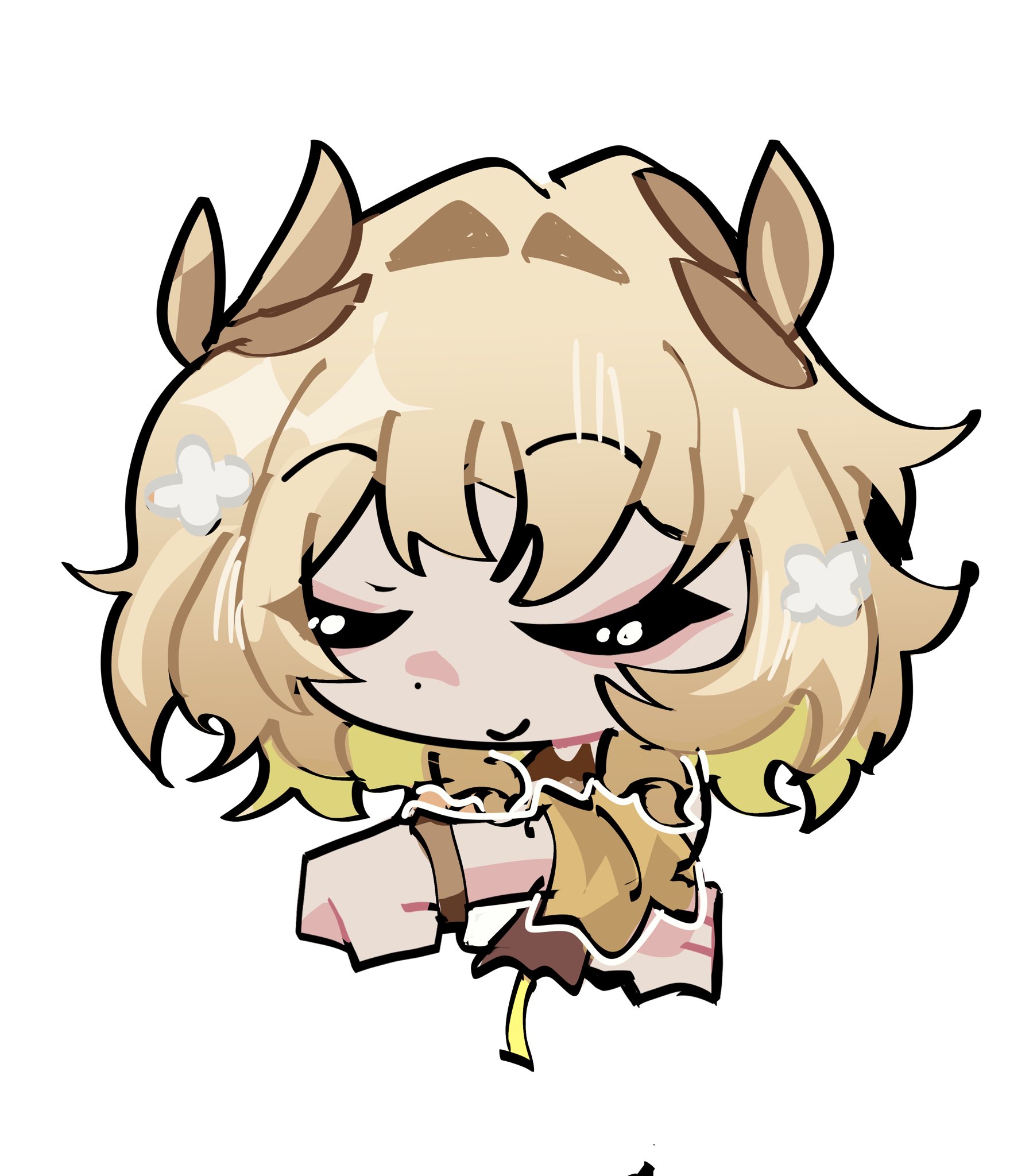 hyastelle, aglaea (honkai: star rail), honkai: star rail, honkai (series), mihoyo, zenless zone zero, commentary, english commentary, highres, 1girl, blonde hair, bracelet, chibi, closed eyes, hair intakes, hair ornament, jewelry, parody, short sleeves, simple background, smile, solo, upper body, white background