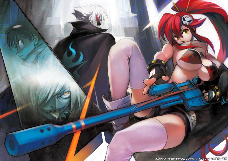 kamina (ttgl), simon (ttgl), viral (ttgl), yoko littner, tengen toppa gurren lagann, 00s, 1girl, 3boys, bikini, bikini top only, breasts, fingerless gloves, gainaxtop, gloves, gun, kamina shades, large breasts, multiple boys, ponytail, red hair, swimsuit, thighhighs, underboob, weapon, yellow eyes