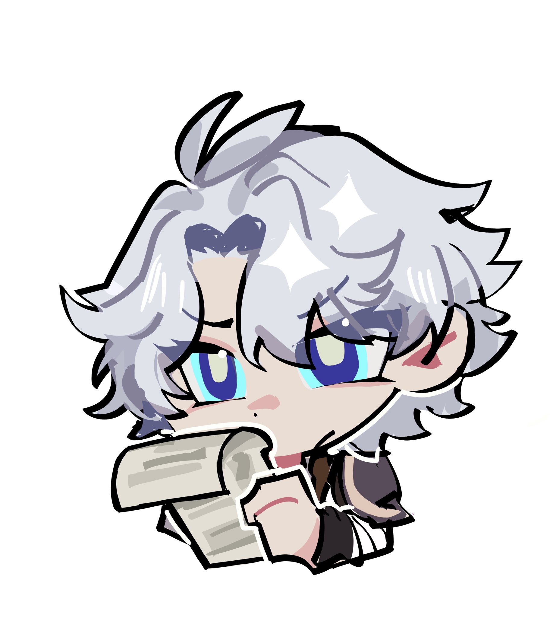 hyastelle, phainon (honkai: star rail), honkai: star rail, honkai (series), mihoyo, zenless zone zero, commentary, english commentary, highres, 1boy, armor, blue eyes, chibi, grey hair, holding, holding paper, long sleeves, male focus, paper, parody, short hair, shoulder armor, solo, upper body