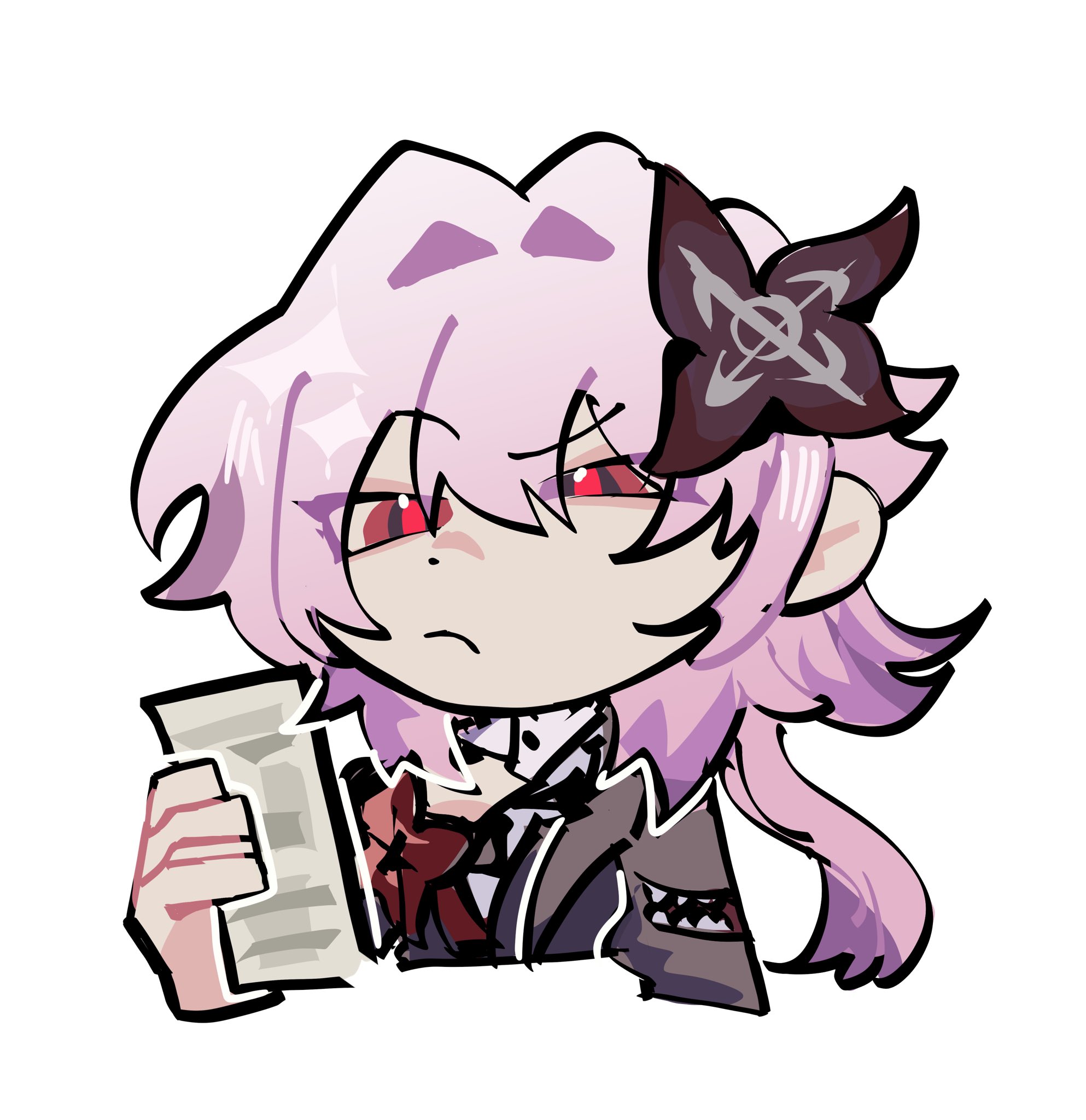 hyastelle, evernight (honkai: star rail), march 7th (honkai: star rail), honkai: star rail, honkai (series), mihoyo, zenless zone zero, commentary, english commentary, highres, 1girl, black dress, chibi, dress, hair intakes, hair ornament, holding, holding paper, long hair, paper, parody, pink hair, red eyes, simple background, solo, upper body, very long hair, white background