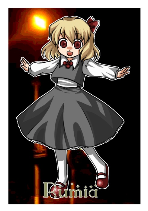 4c (artist), mito ayame, rumia, embodiment of scarlet devil, touhou, bad id, bad pixiv id, 1girl, blonde hair, chibi, female focus, outstretched arms, red eyes, ribbon, short hair, solo, spread arms