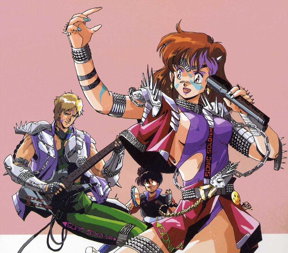 kikuchi michitaka, anice farm, chuck sweagar, hibiki ryou, chouon senshi borgman, 1980s (style), 1girl, 2boys, :d, alternate costume, arm up, armlet, armor, band (music), belt, between breasts, black hair, blue nails, blush, breasts, brown hair, buckle, cable, chain, clothes writing, copyright name, covered erect nipples, earrings, electric guitar, eyeshadow, facial mark, fingerless gloves, fingernails, flying sweatdrops, gloves, guitar, hair between eyes, headband, high collar, holding, instrument, jacket, jewelry, large breasts, leotard, lipstick, long fingernails, long hair, makeup, microphone, miniskirt, multicolored hair, multiple boys, muscular, music, nail polish, no bra, nose blush, oldschool, open clothes, open jacket, open mouth, open vest, pants, pauldrons, playing instrument, purple hair, purple lips, retro artstyle, short hair, shoulder armor, side slit, sideboob, signature, simple background, skirt, smile, smiley face, spikes, strap between breasts, studded belt, sunglasses, sweat, tambourine, thighlet, torn clothes, two-tone hair, vambraces, vest