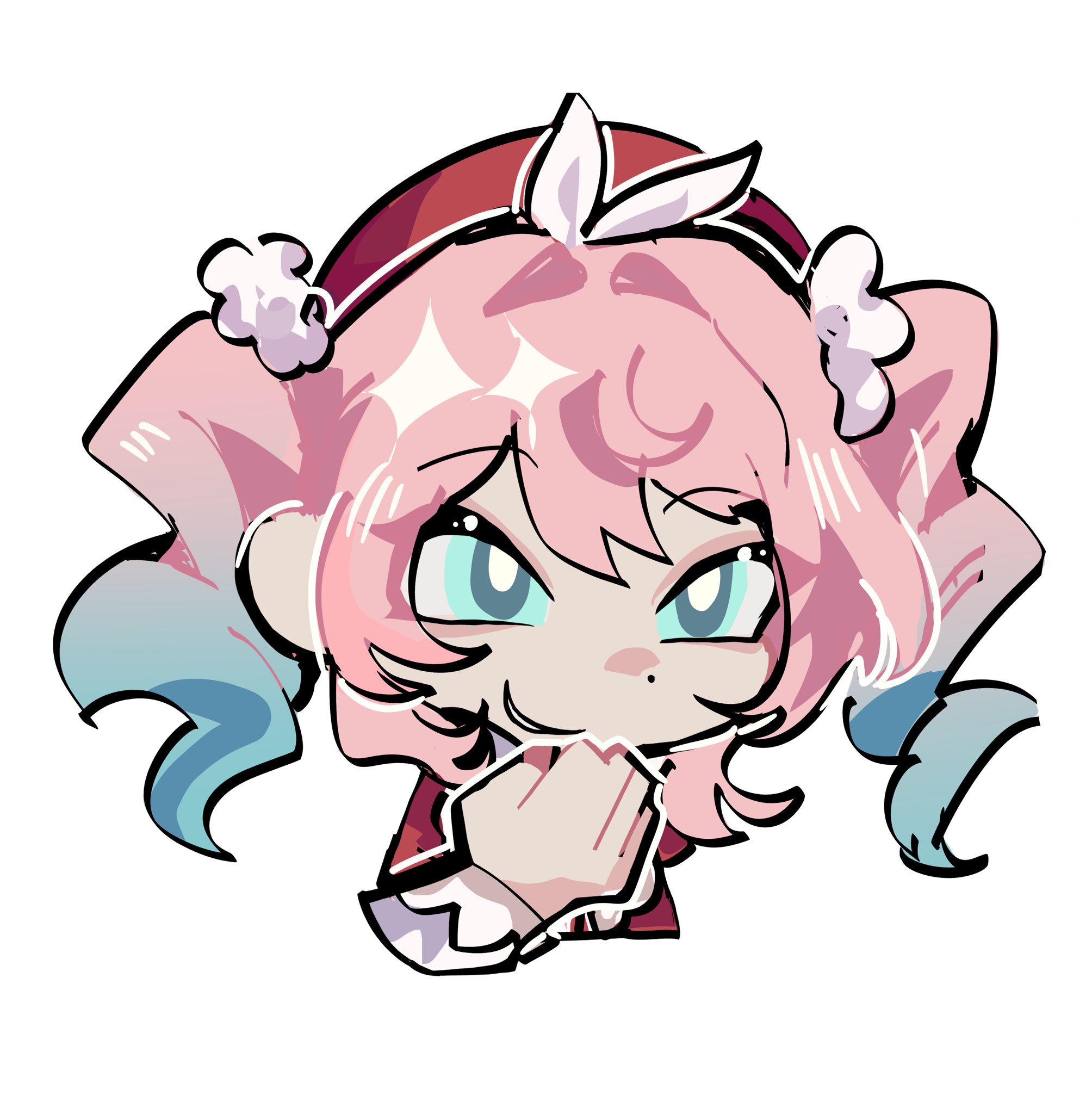 hyastelle, hyacine (honkai: star rail), honkai: star rail, honkai (series), mihoyo, zenless zone zero, commentary, english commentary, highres, 1girl, aqua eyes, aqua hair, bright pupils, chibi, drill hair, gradient hair, grin, hand up, hat, multicolored hair, parody, pink hair, red hat, simple background, smile, solo, twin drills, twintails, upper body, white background, white pupils