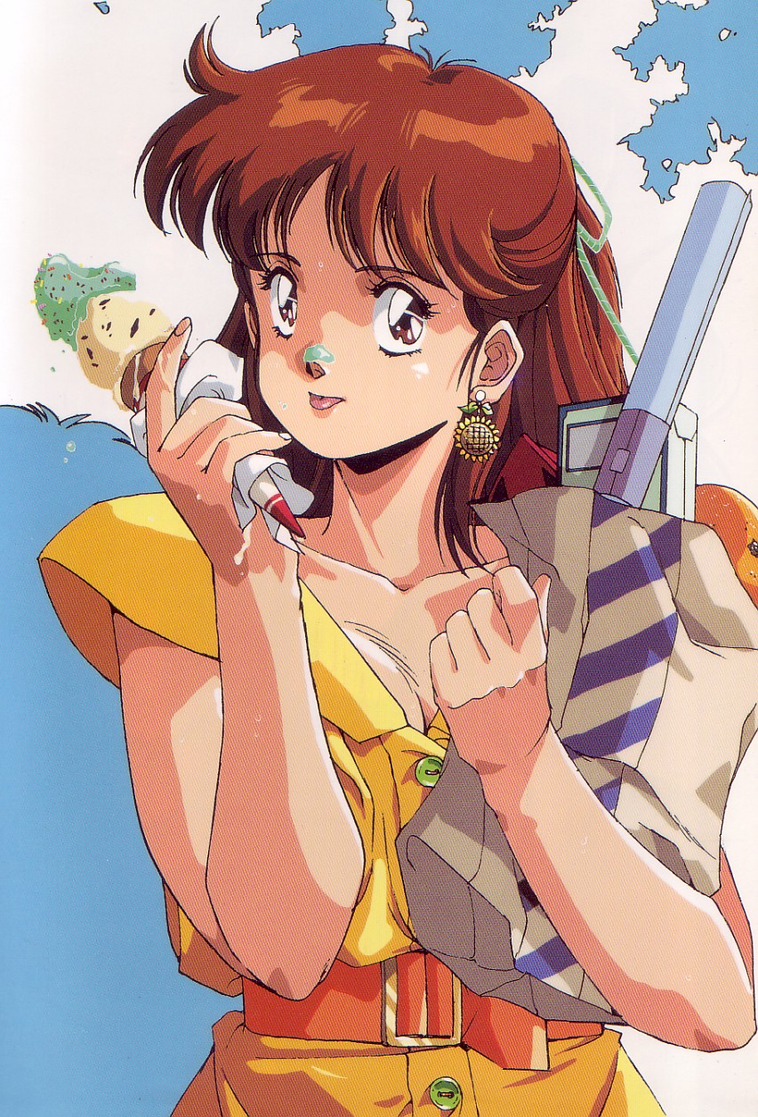 anice farm, chouon senshi borgman, 1980s (style), highres, 1girl, brown hair, female focus, food, half updo, ice cream, oldschool, retro artstyle, solo