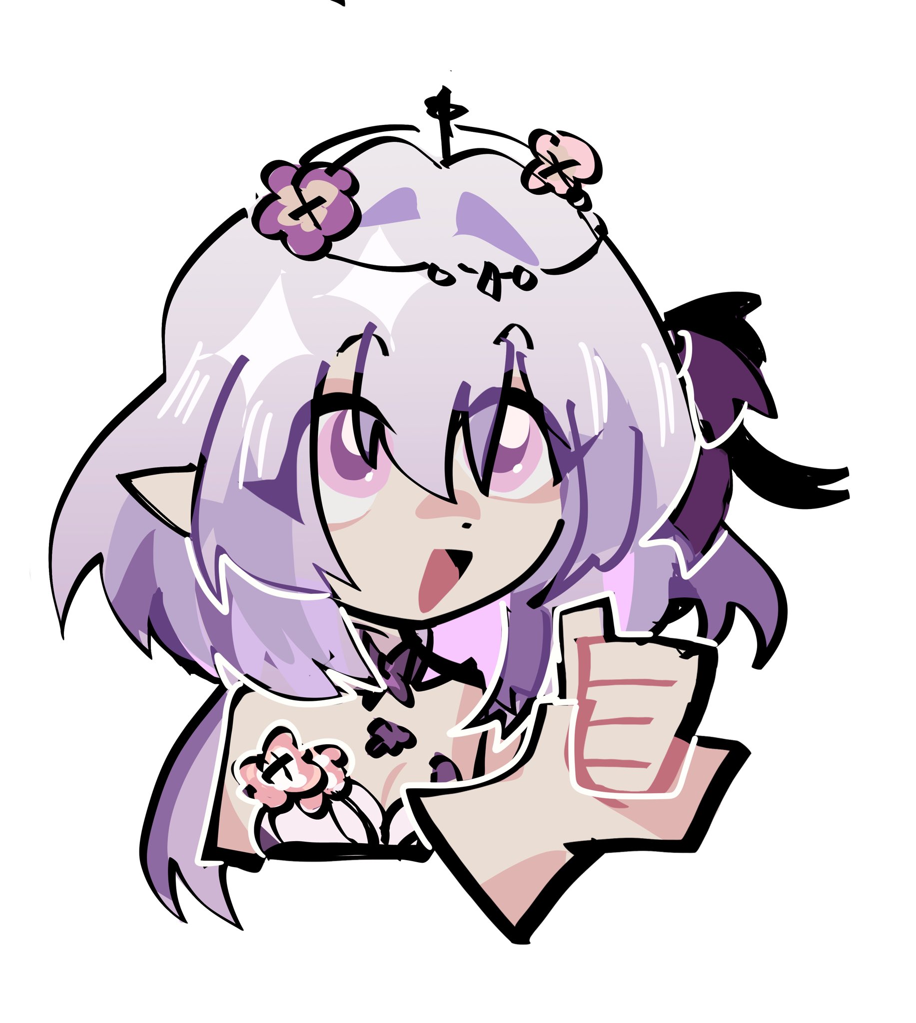 hyastelle, castorice (honkai: star rail), honkai: star rail, honkai (series), mihoyo, zenless zone zero, commentary, english commentary, highres, 1girl, :d, bare shoulders, chibi, clenched hand, long hair, open mouth, parody, pink eyes, pointy ears, purple hair, simple background, smile, solo, strapless, upper body, white background